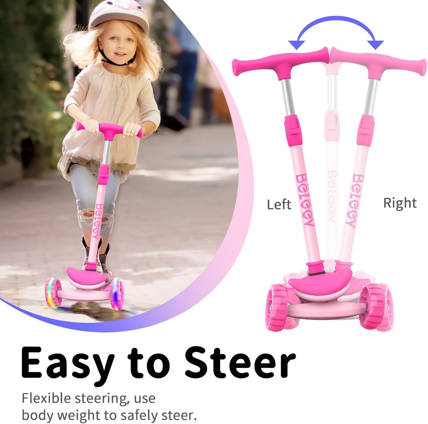 BELEEV A8 Scooter Children 6 Years, Foldable Premium Tricycle Scooter with LED Light Wheels, 4 Height Adjustable, Extra Wide & Non-Slip Platform, 3 Wheels Scooter for Girls Boys 3-12 Years – Bild 4