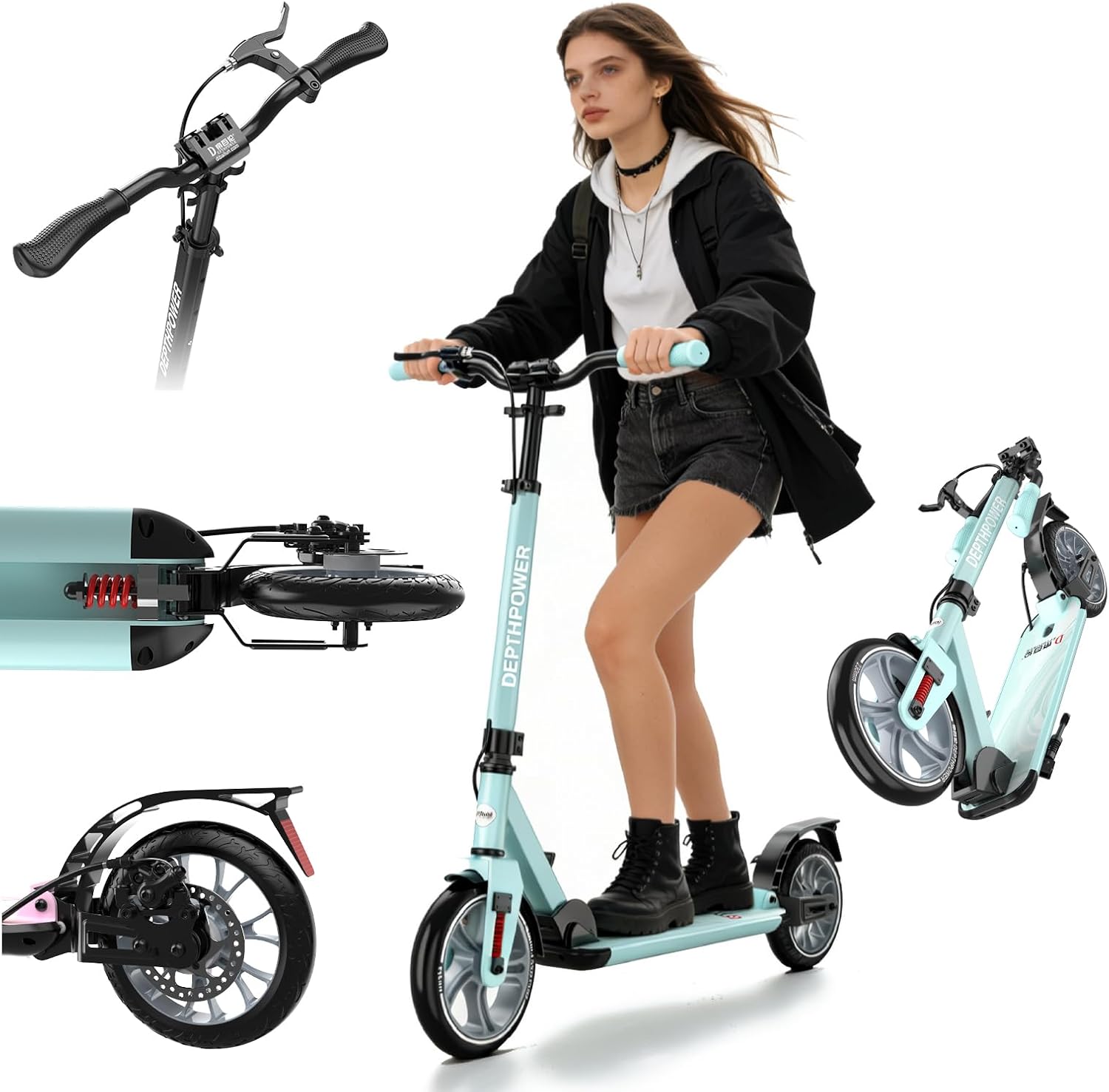 Adult Scooter up to 150 kg - Folding Scooter with 230 mm Wheels & ABEC-9, Height-Adjustable City Scooter Large Wheels with Disc Brake & Shock Absorber, Scooter from 8 Years, Teenagers