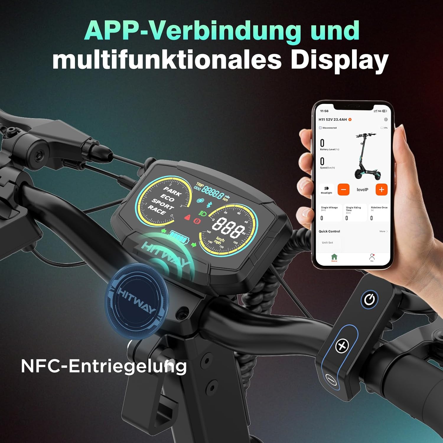 HITWAY H11 E Scooter with Road Legal, 250 W x 2 Motor Tip, 1800 x 2.130 KM, 52 V 23.4 Ah, 10 Inch Off-Road Rubber Tyres, 150 kg Max, Double Shock Absorption, Foldable E Scooter for Adults - with App – Bild 6
