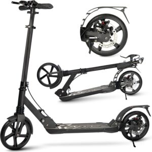 Uluck Adult Scooter, 200 mm Large Wheels with Disc Brakes, Adult Scooter with Carry Strap and Double Shock Absorption, Foldable Scooter for Teenagers (Black)