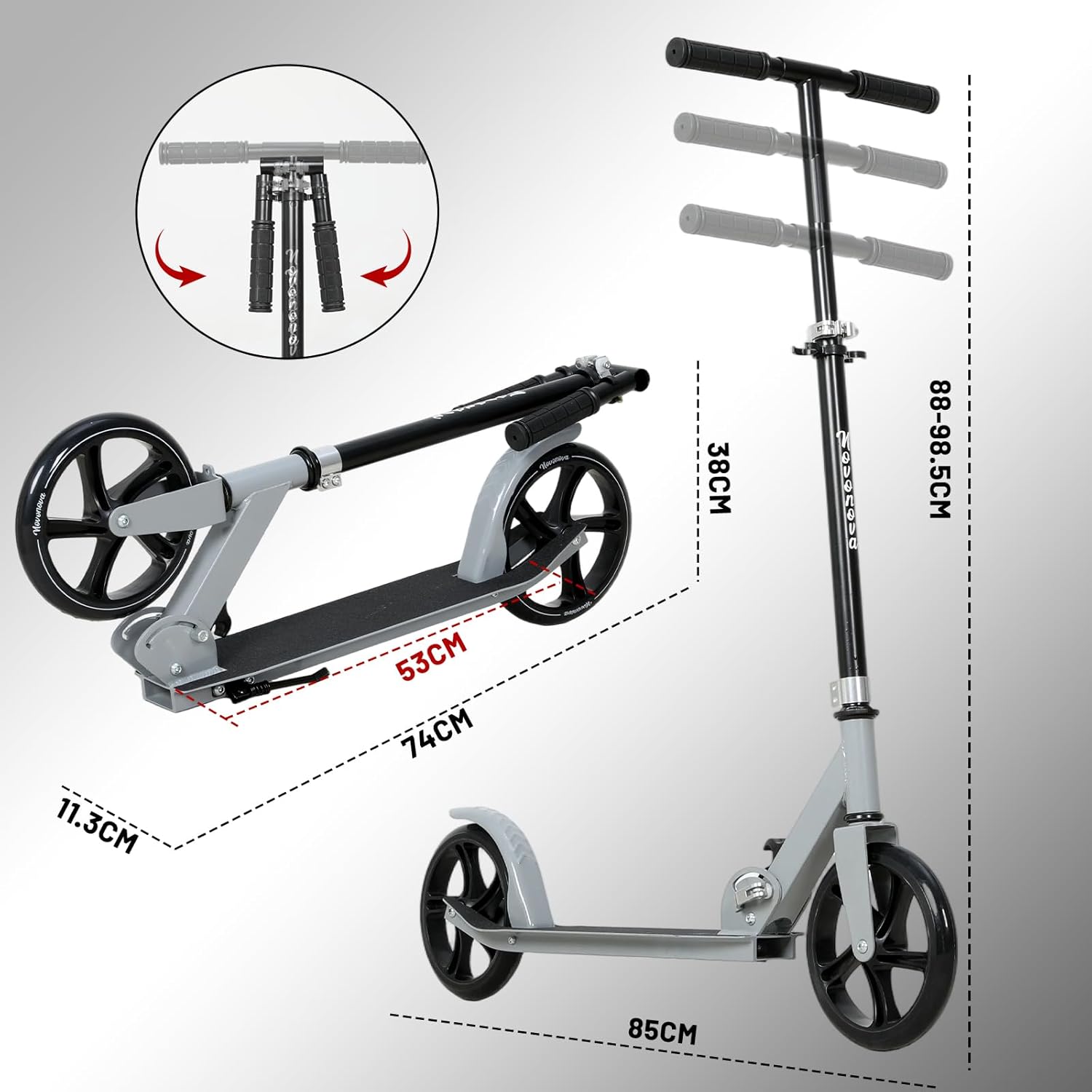 200 mm LED Big Wheel Scooter - Folding Scooter Children and Teenagers Aged 9-14 (125-175 cm), 3 Height-Adjustable City Scooter with Suspension and Double Brake, Scooter up to 100 kg D005B – Bild 7