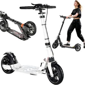 City Scooter (200 x 50 mm) PU Big Wheel, Double Shock Absorbers, ABEC-9 Ball Bearings, City Scooter Foldable and Height Adjustable, Scooter Kick Scooter for Adults and Children, White