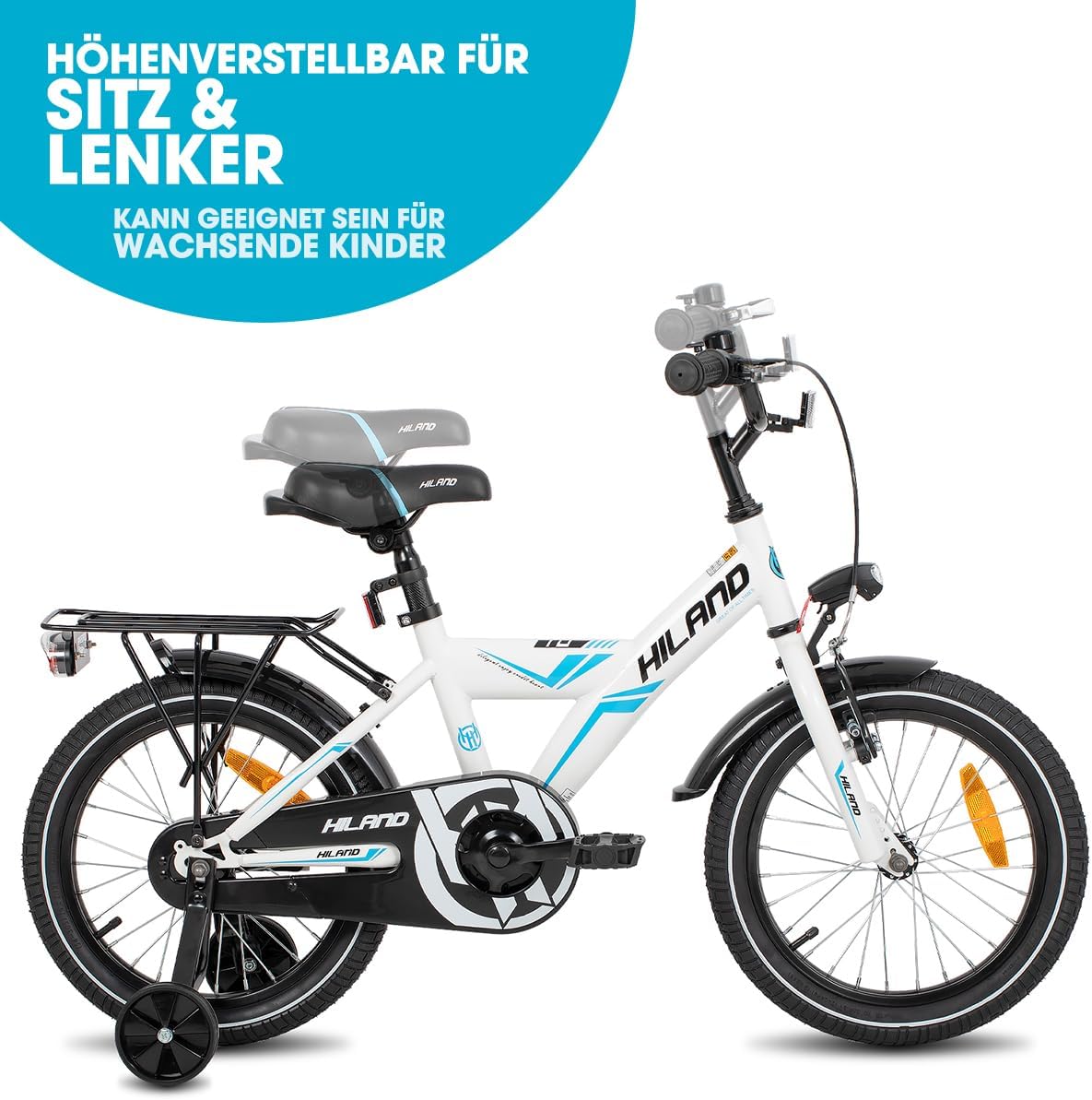 HILAND 16/18/20 Zoll Kinderfahrrad Mountainbike Kinder MTB für Jungen und Mädchen ab 4 5 6 7 8 9 Jahren Licht Gepäckträger Stützräder/Ständer, Schwarz/Weiß – Bild 5