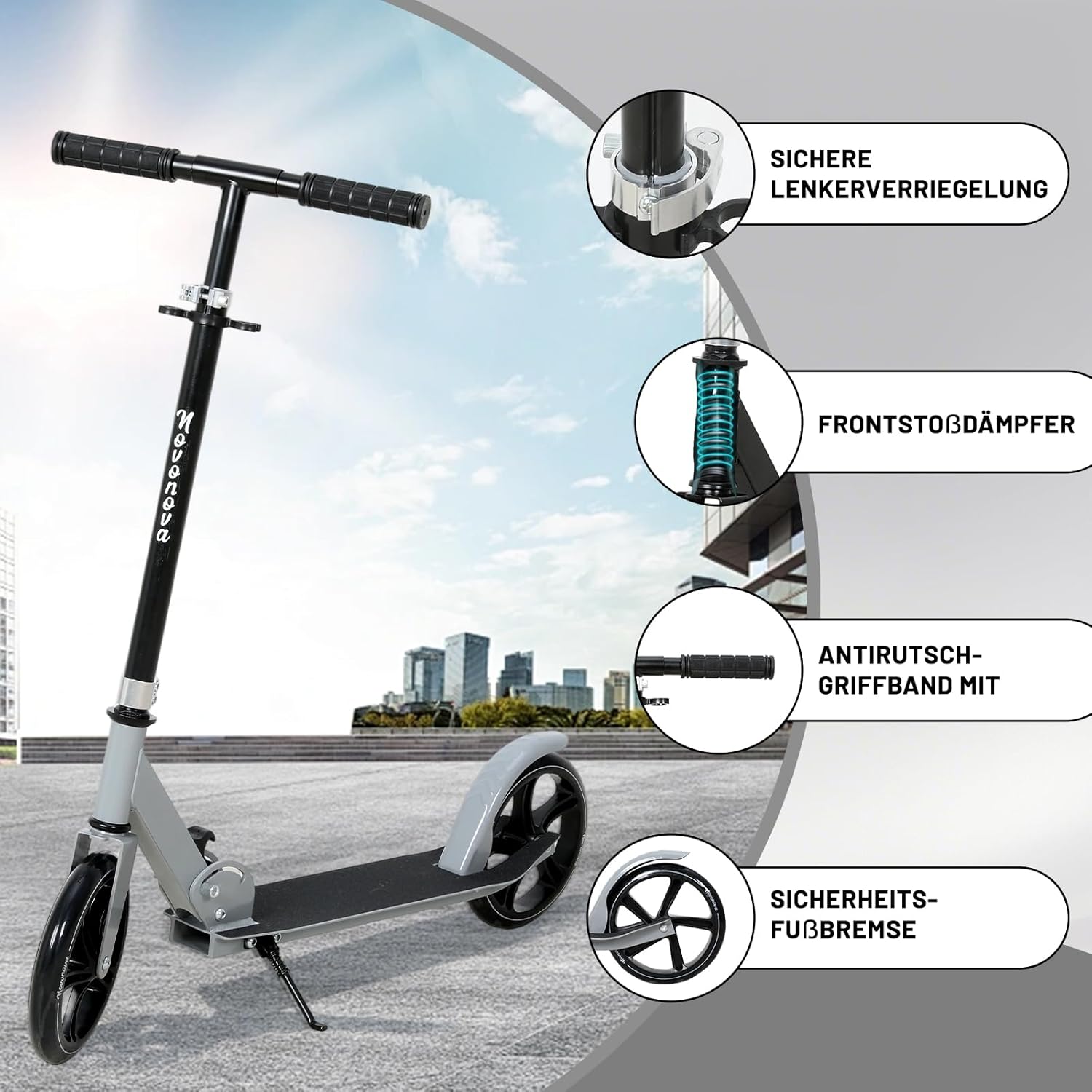 200 mm LED Big Wheel Scooter - Folding Scooter Children and Teenagers Aged 9-14 (125-175 cm), 3 Height-Adjustable City Scooter with Suspension and Double Brake, Scooter up to 100 kg D005B – Bild 3