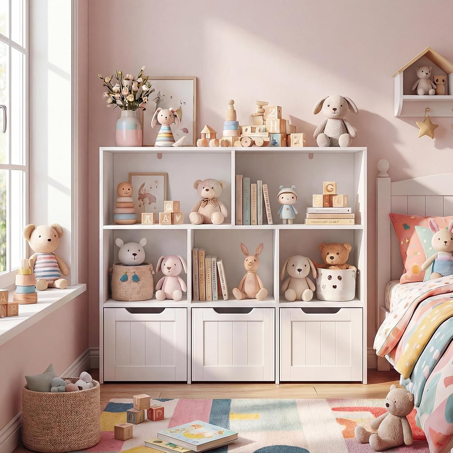 COSTWAY Children's Shelf with Boxes on Wheels, Children's Bookcase with 5 Compartments & 3 Drawers, Toy Cabinet Wooden Children's Cupboard, Toy Organiser for Children's Room, 100 x 33 x 90 cm (White) – Bild 2