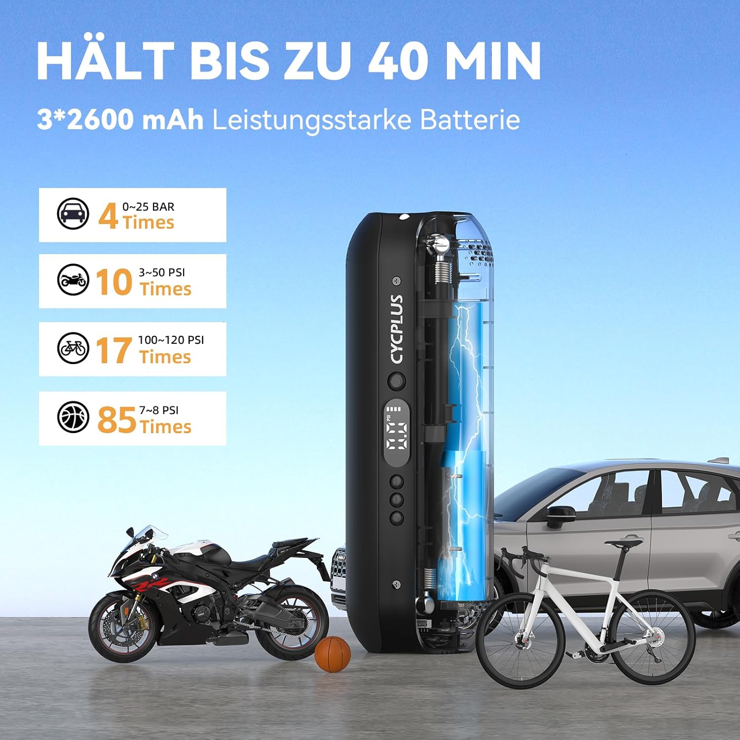 CYCPLUS Luftpumpe,12V DC/AC 2-in-1,Max I50PSI Automatische Abschaltung Elektrischer Kompressor Tragbar Fahrradpumpe Mini Reifenpumpe für alle Fahrräder Motorräder und Autos – Bild 3
