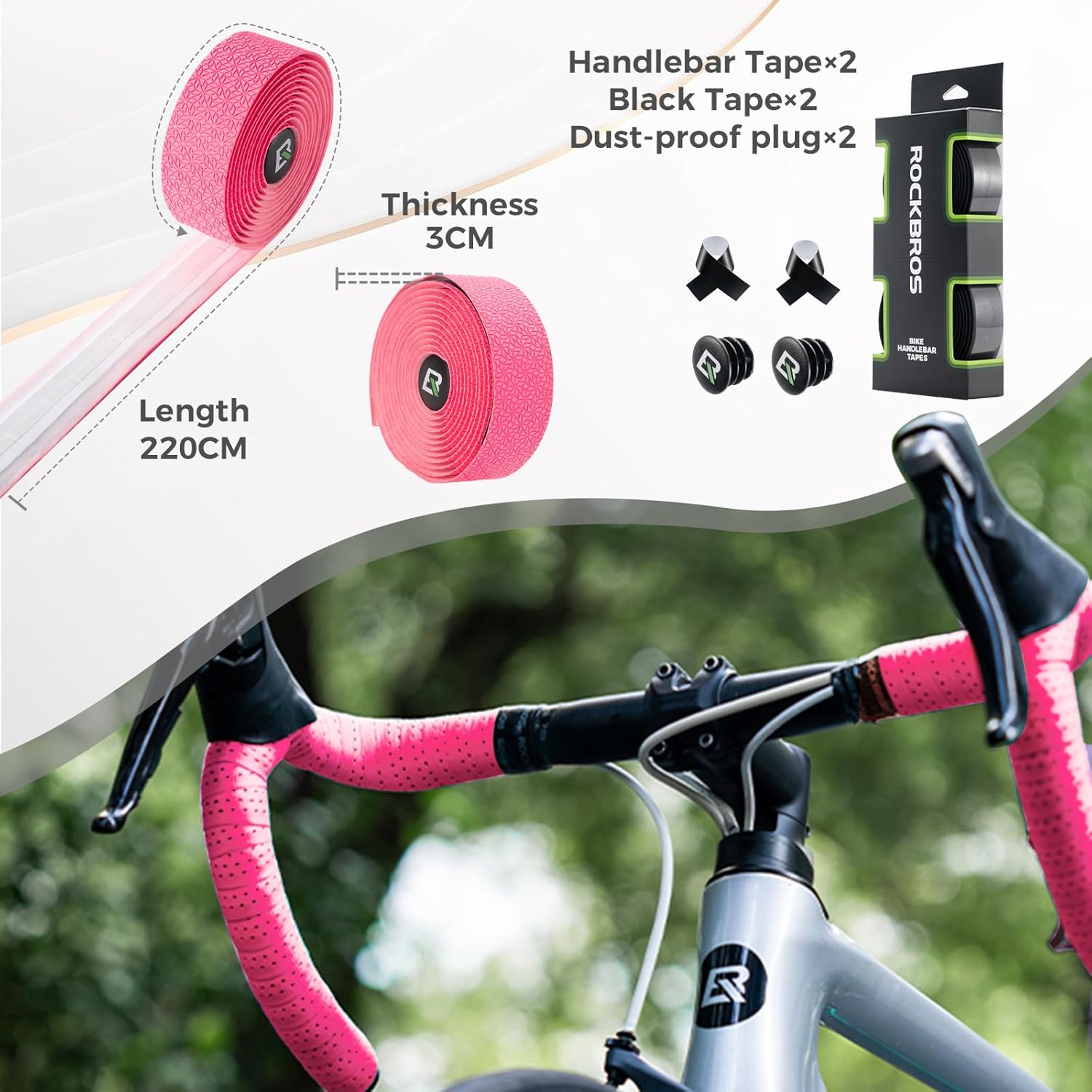ROCKBROS Handlebar Tape Road Bike, 2 Rolls Road Bike Handlebar Tape, Super Long 220 cm and Thickness 3 mm, Self-Adhesive Grip Tape for MTB Gravel and Urban Cycling, Multicoloured – Bild 4