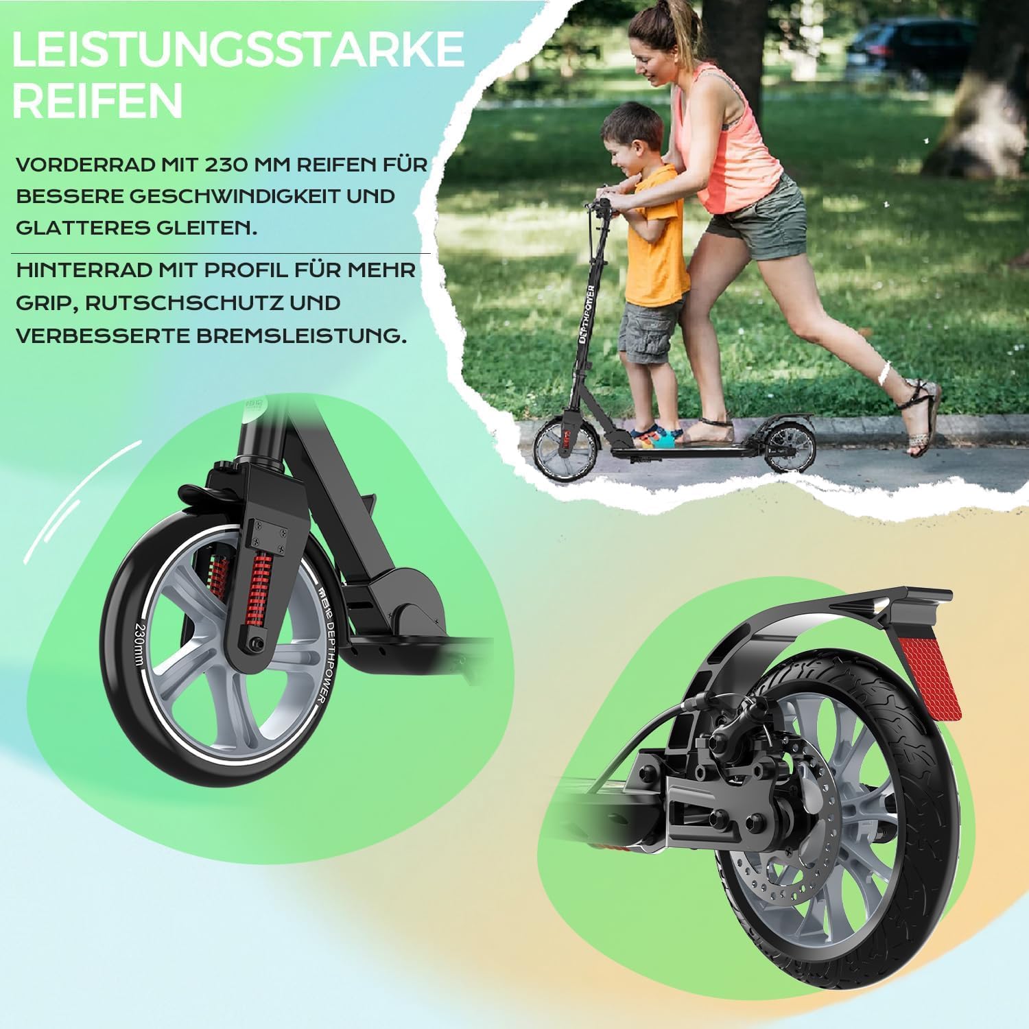 Adult Scooter up to 150 kg - Folding Scooter with 230 mm Wheels & ABEC-9, Height-Adjustable City Scooter Large Wheels with Disc Brake & Shock Absorber, Scooter from 8 Years, Teenagers – Bild 5