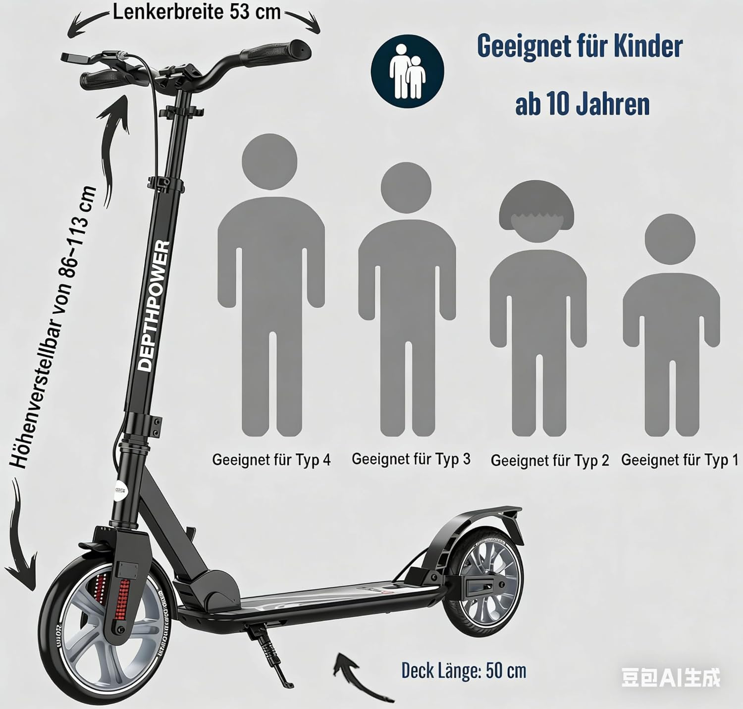 Adult Scooter up to 150 kg - Folding Scooter with 230 mm Wheels & ABEC-9, Height-Adjustable City Scooter Large Wheels with Disc Brake & Shock Absorber, Scooter from 8 Years, Teenagers – Bild 7