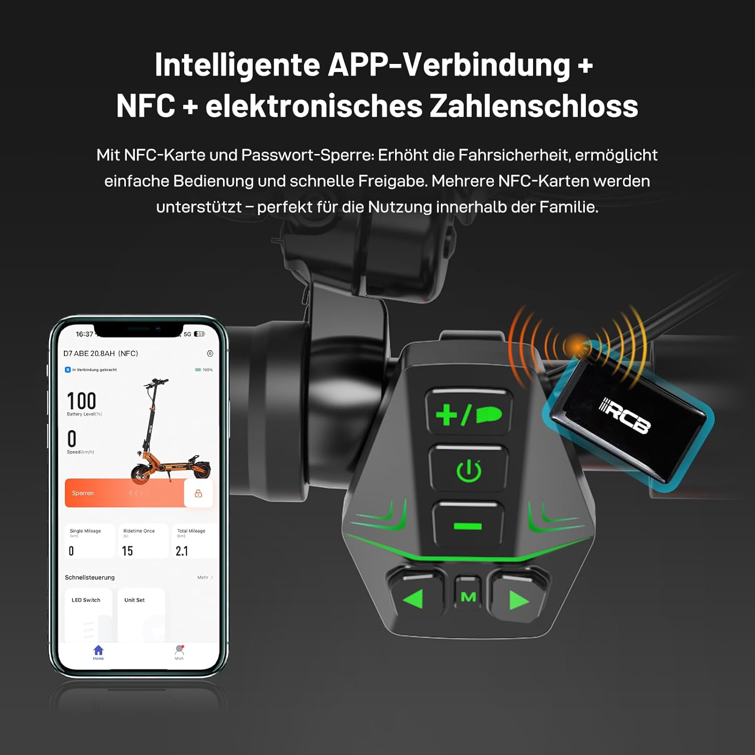 RCB D7/D7PRO(Ultra) E-Scooter, Electric Scooter for Adults with Road Approval (ABE), NFC/Indicator/App, 26% Incline 500W Motor Tip 1600.80-130 KM, 20.8-27 Ah, 10 Inch Self-Repairing Gel Tyres – Bild 5