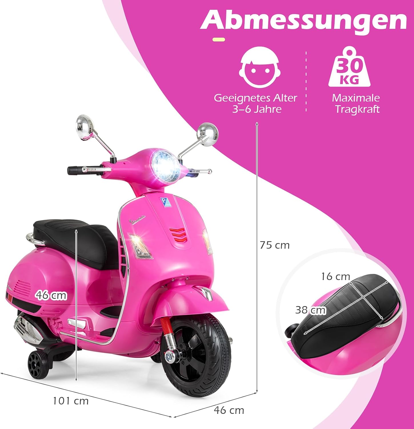 COSTWAY Children's Motorcycle, Electric, Vespa 12 V Motorcycle with LED Headlight and Horn, 2-3 km/h Electric Children's Motorcycle with Stabilisers, Electric Vehicle for Boys and Girls from 3-6 Years (Pink) – Bild 6