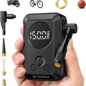 ETENWOLF Mini Electric Bicycle Pump, 10.34 Bar Portable Tyre Pump with Presta and Schrader Valve for Mountain Bike, Road Bike, Motorcycle, Sports Ball, Quick Inflation & Auto Stop Air Pump with