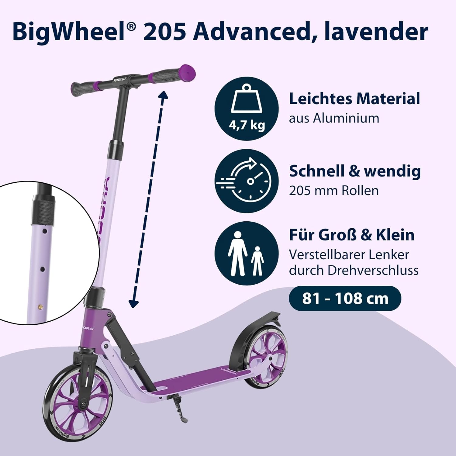 HUDORA BigWheel® 205 Advanced Scooter, Comfortable Aluminium Scooter for up to 100 kg, Height-Adjustable & Foldable Scooter, Kick Scooter for Children/Teenagers & Adults – Bild 2