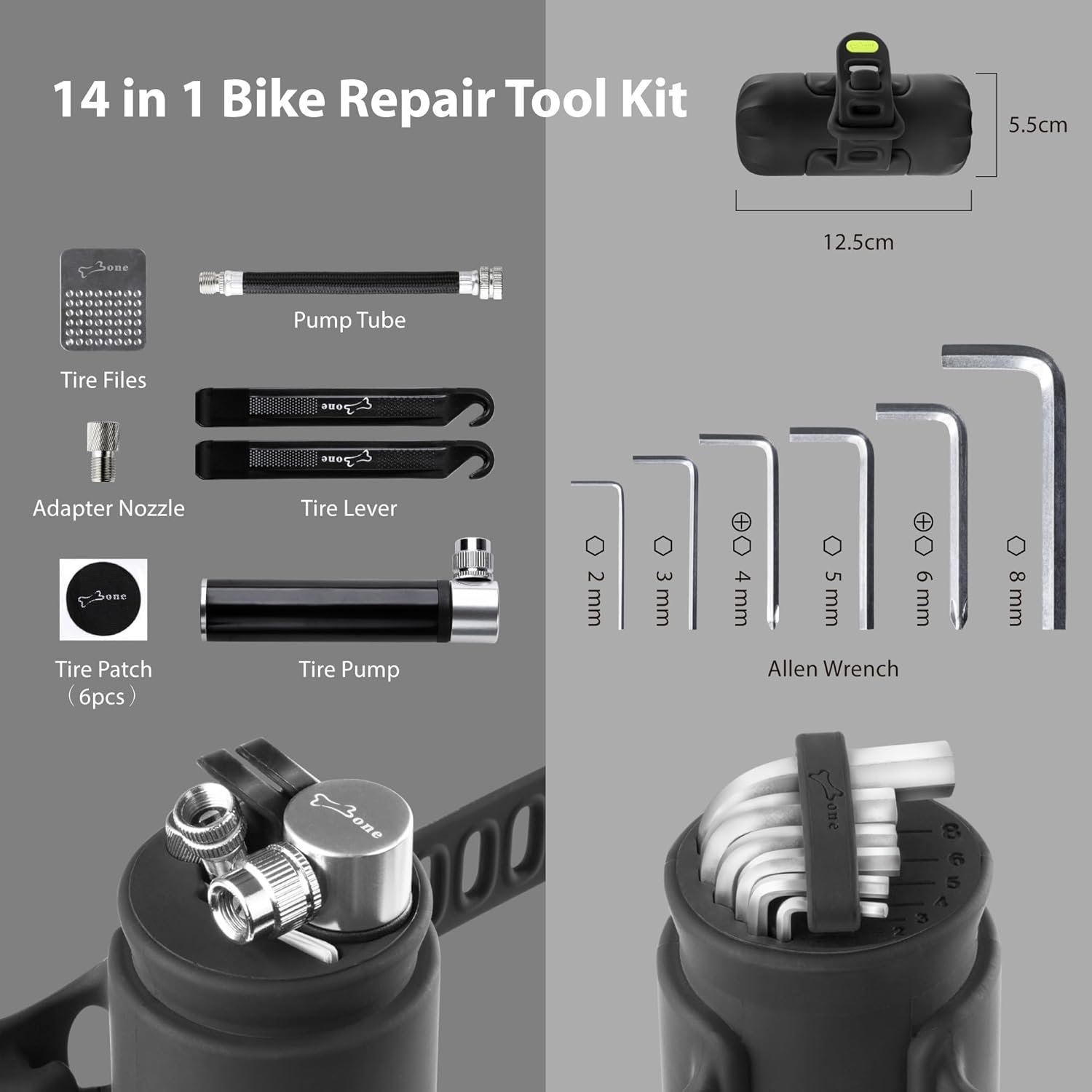 BONE Portable 14-in-1 Bicycle Repair Tool Set for Road Bike & Bicycle Maintenance, with Tyre Pump, Wrench Set, Bicycle Accessories, Emergency Bike Repair Bag (14-in-1) – Bild 2