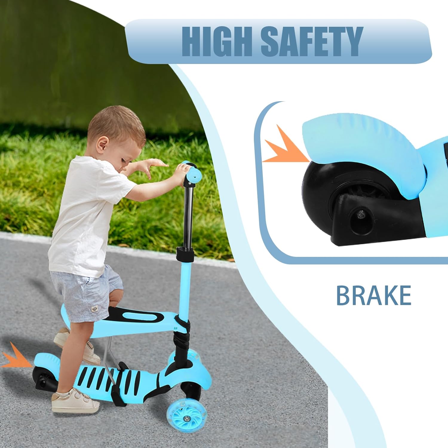 5 in 1 Scooter Scooter with Seat + Slider Flash Wheels PU Wheels Non-Slip LED Light Height Adjustable Ideal for Children 2-8 Years – Bild 4