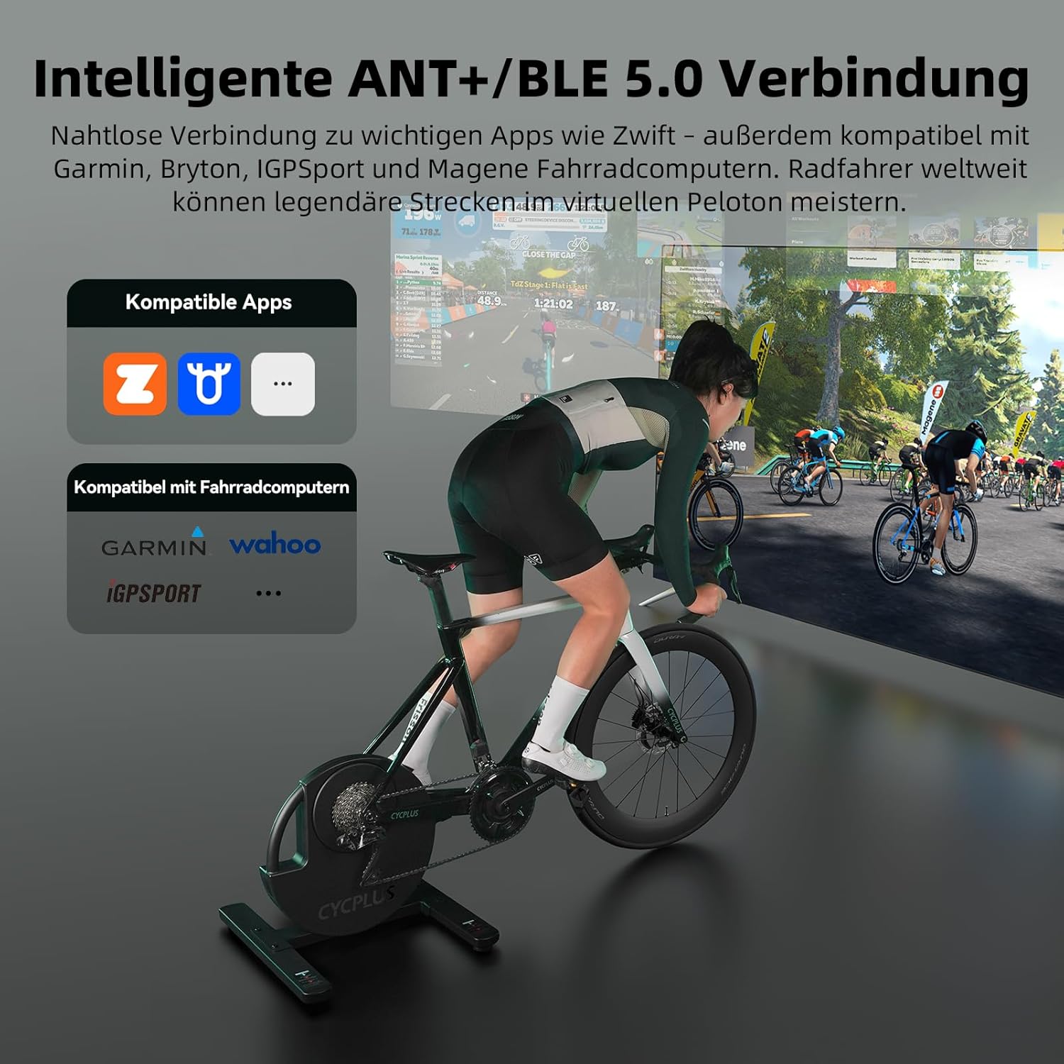CYCPLUS R200 Bicycle Trainer, 2200 W Brushless Motor, 19% Incline Simulation, BLE & ANT+ Dual Mode, Virtual Switching, Uphill/Downhill Simulation, Super Quiet for Realistic Indoor Cycling – Bild 8