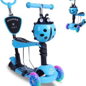 Habib Gruppe 5-in-1 Children’s Scooter with Backrest for Boys and Girls – Removable Seat, LED Wheels, Height-Adjustable Handlebars, Scooter – Children’s Scooter Outdoor Game, for 2-8 Years Children