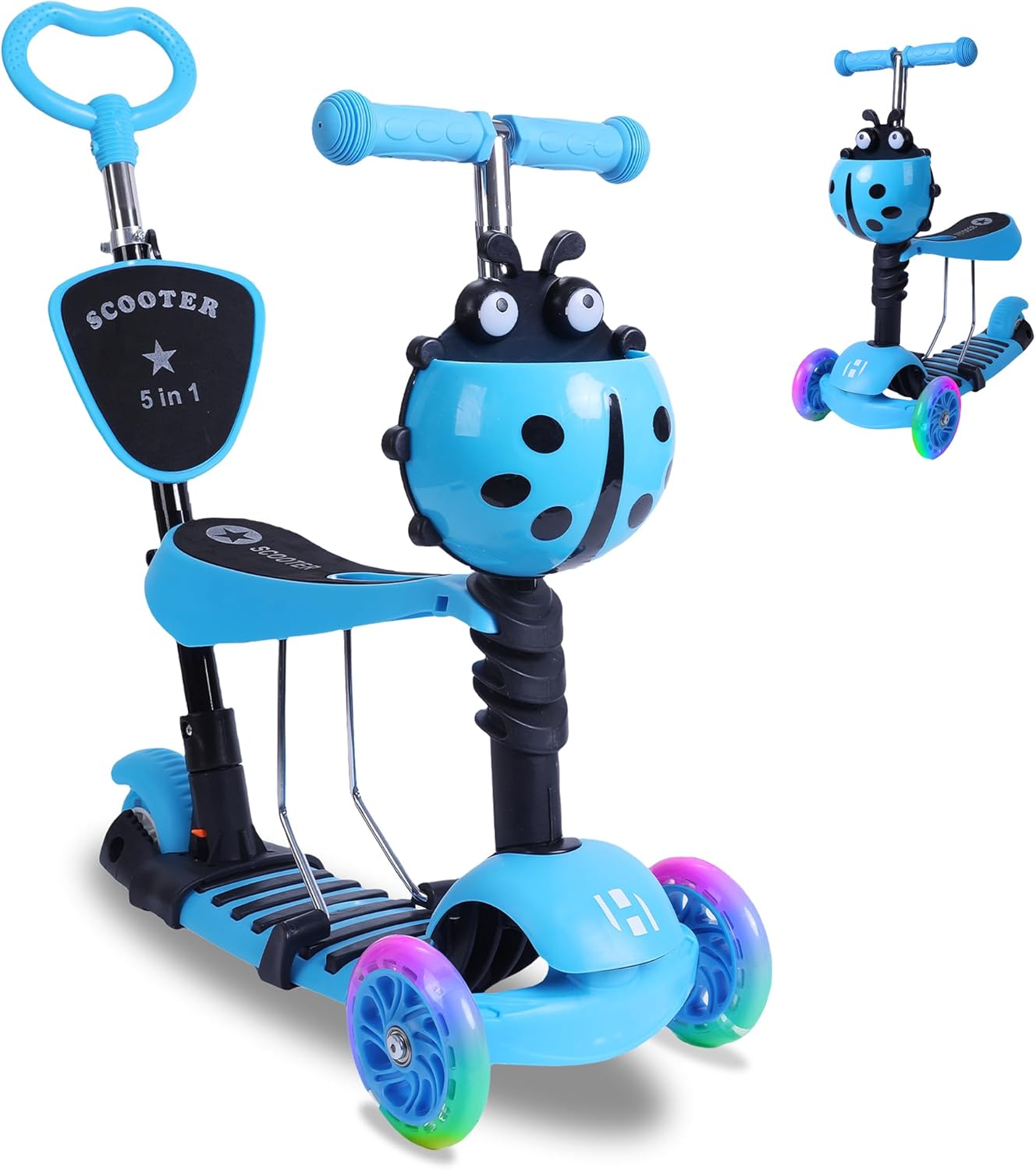 Habib Gruppe 5-in-1 Children's Scooter with Backrest for Boys and Girls - Removable Seat, LED Wheels, Height-Adjustable Handlebars, Scooter - Children's Scooter Outdoor Game, for 2-8 Years Children