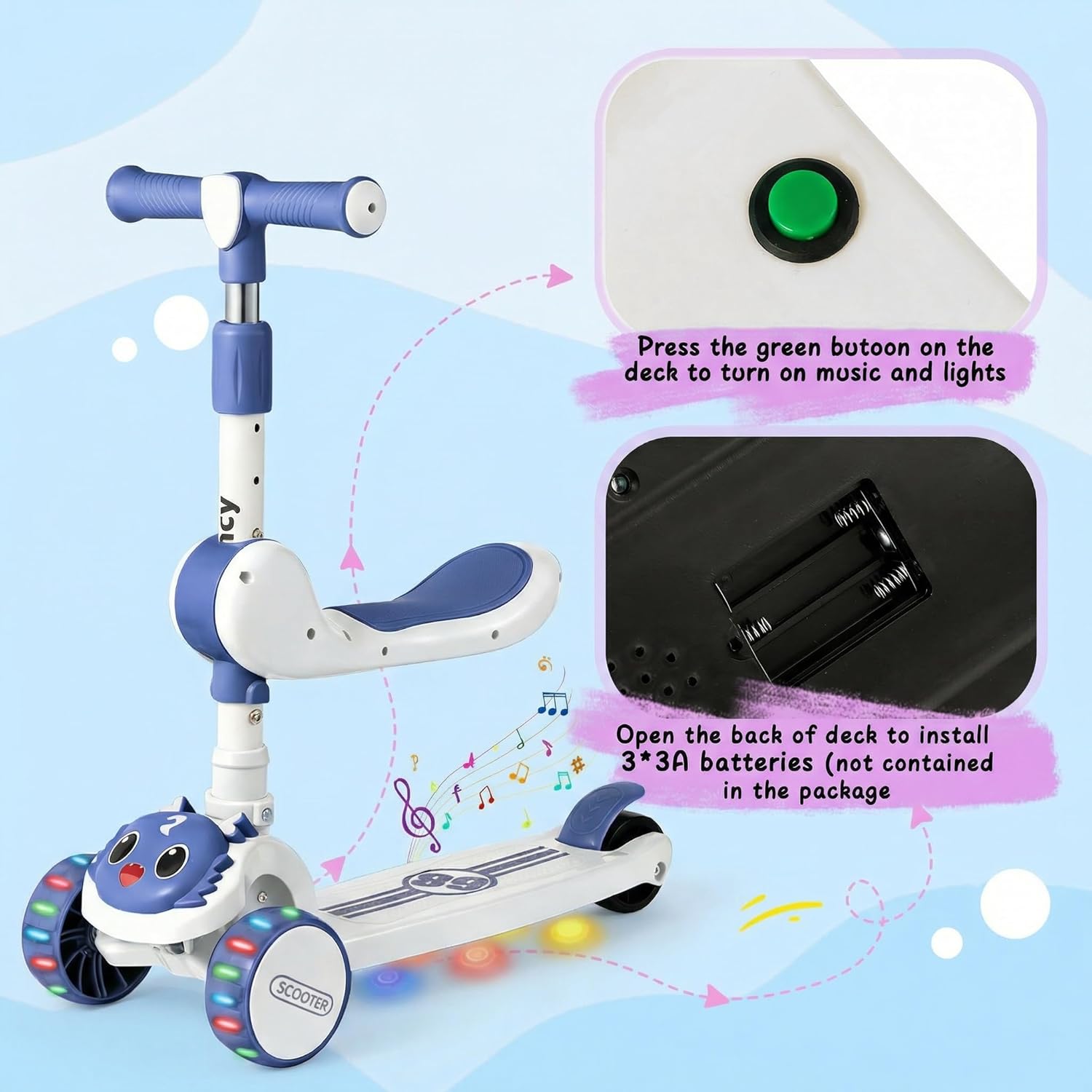 3 Wheel Scooter for Children Aged 2-8 Years, 2 in 1 Kids Scooter with Removable Seat, Folding Scooter with Music and Luminous Wheels, Height Adjustable, Steerable by Weight Shift – Bild 5
