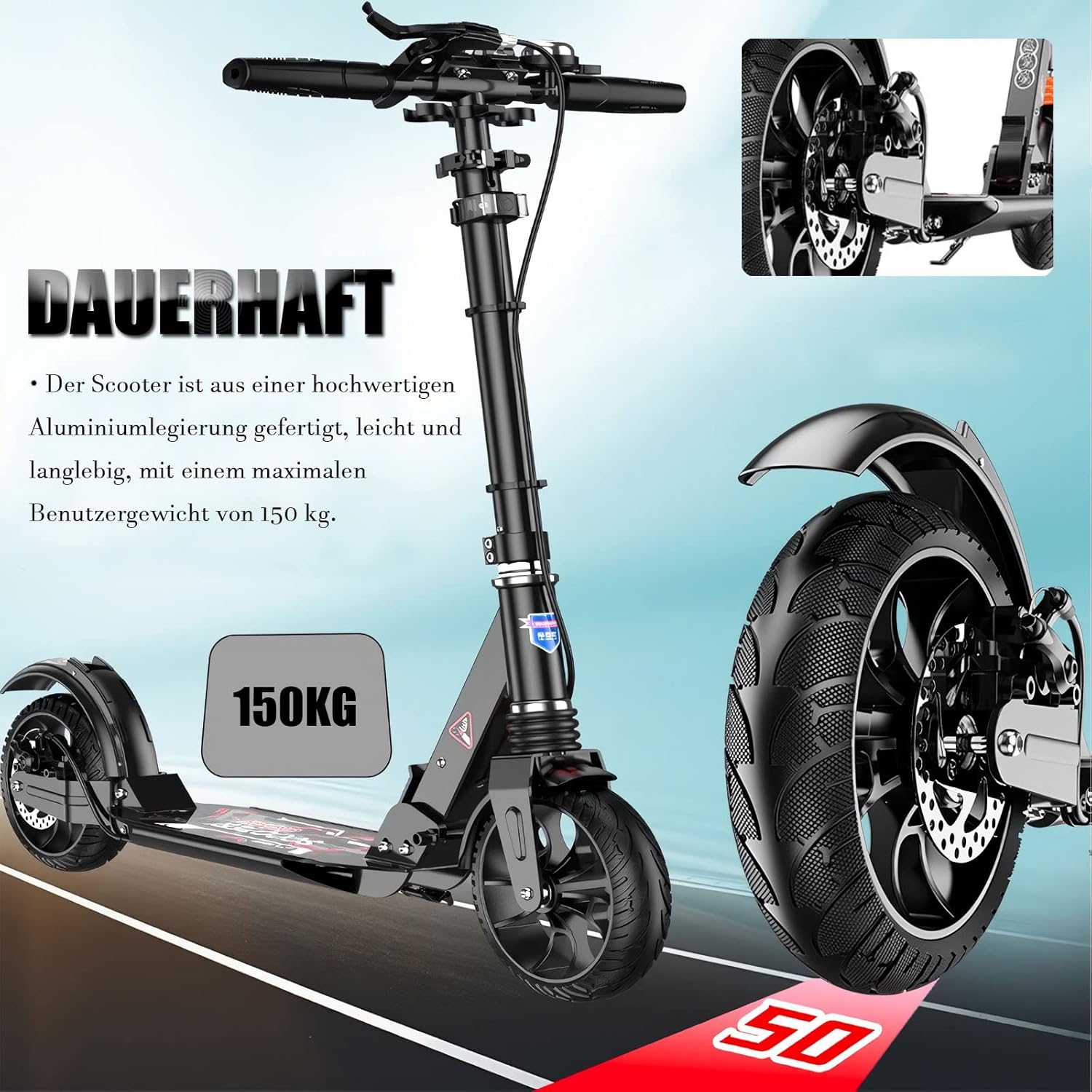 Bueuwe Big Wheel Scooter Adult 150 kg Load Capacity, City Scooter for Adults, Scooter Children 10 Years, City Scooter with Handbrake and Shock Absorber, 4 Height Adjustable, Black – Bild 2