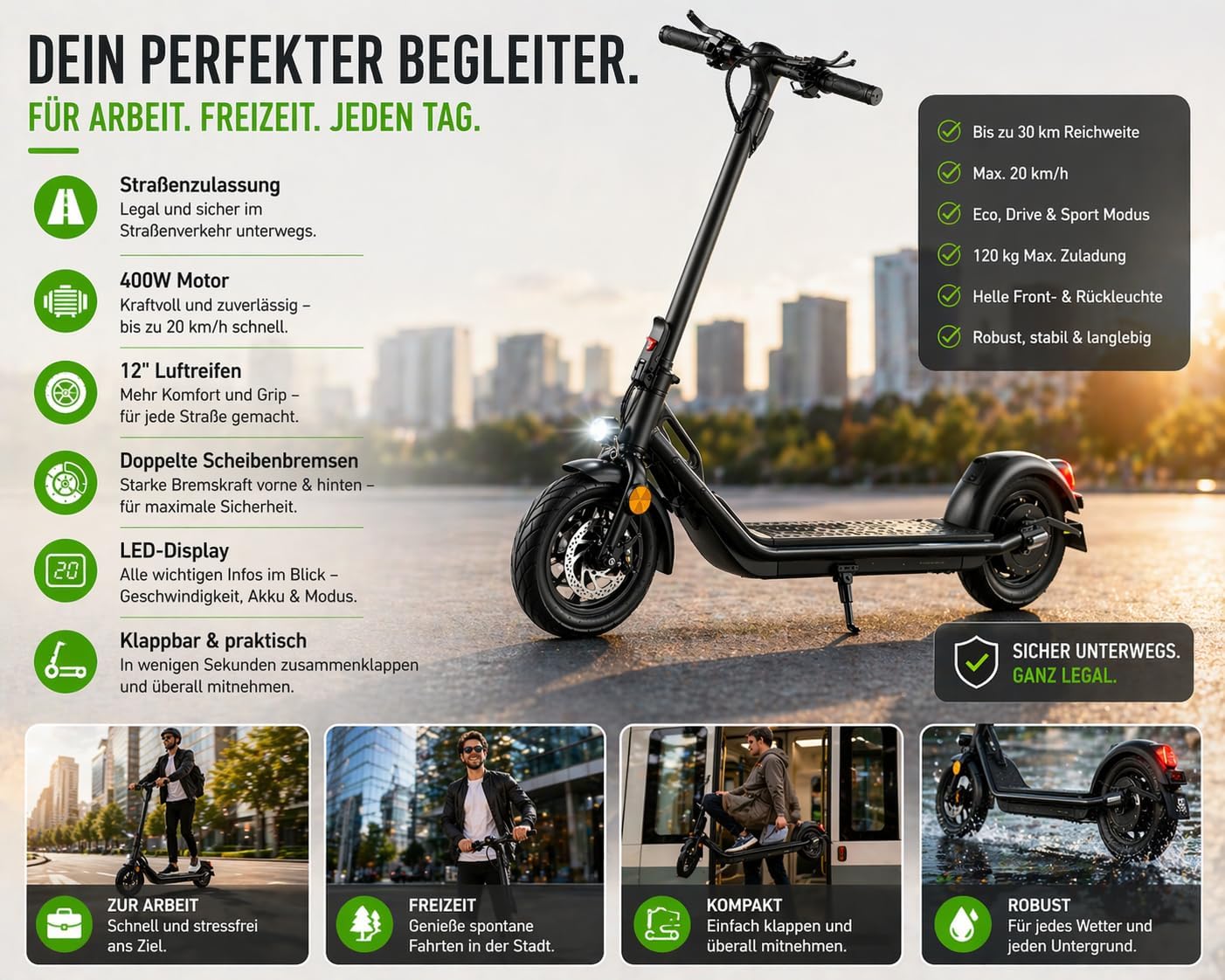 IMLEX E-Scooter Electric Scooter with Road Approval (ABE) - 20 km/h, 400 W Motor, 12 Inch Pneumatic Tyres, LED Display & Lighting, Foldable – Bild 7