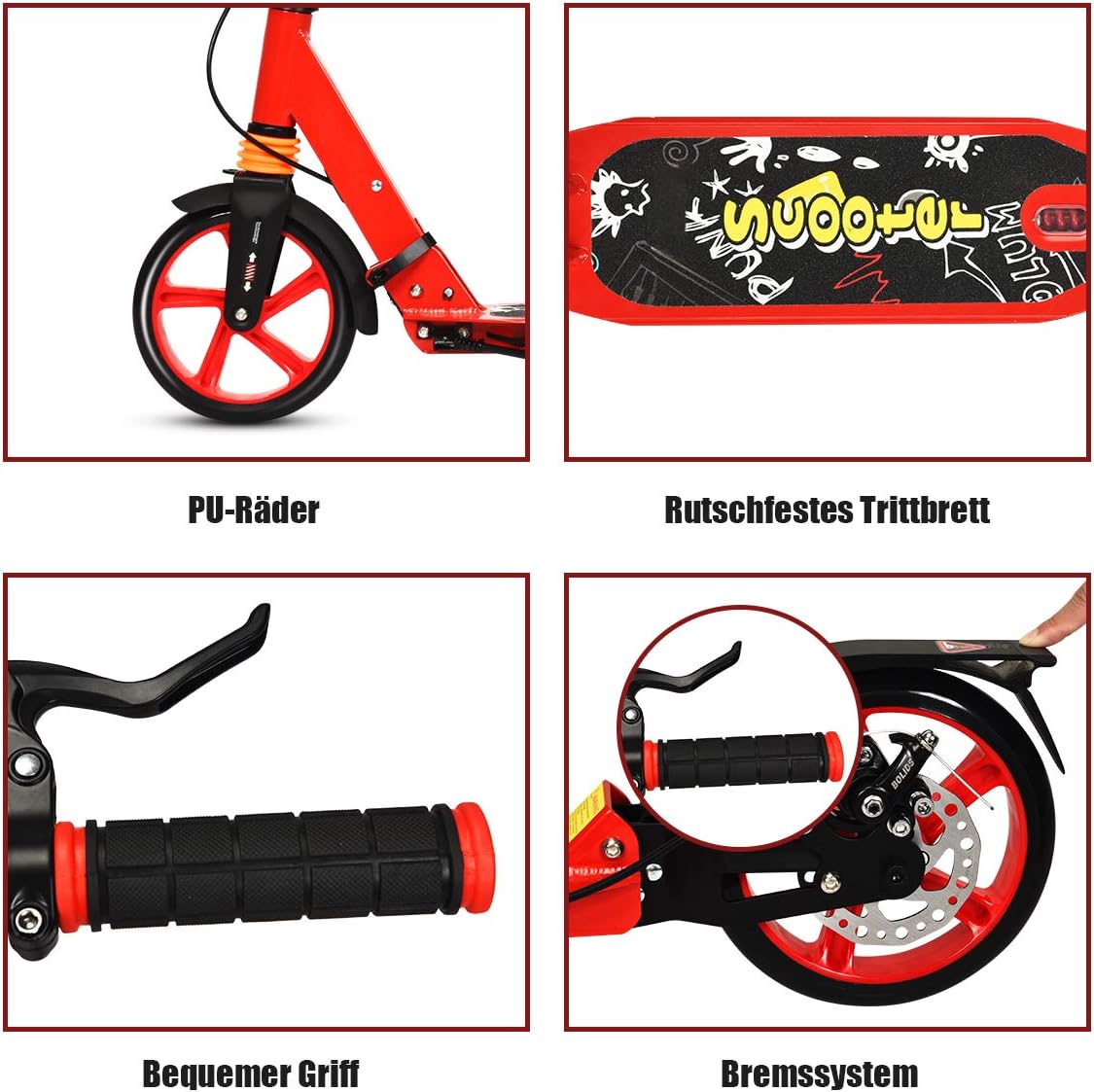 RELAX4LIFE Kickscooter Foldable & Height Adjustable, City Scooter with Bell & Stand, Scooter with Double Suspension & Carry Strap, Scooter up to 100 kg Load Capacity, for Children and Adults, PU – Bild 5