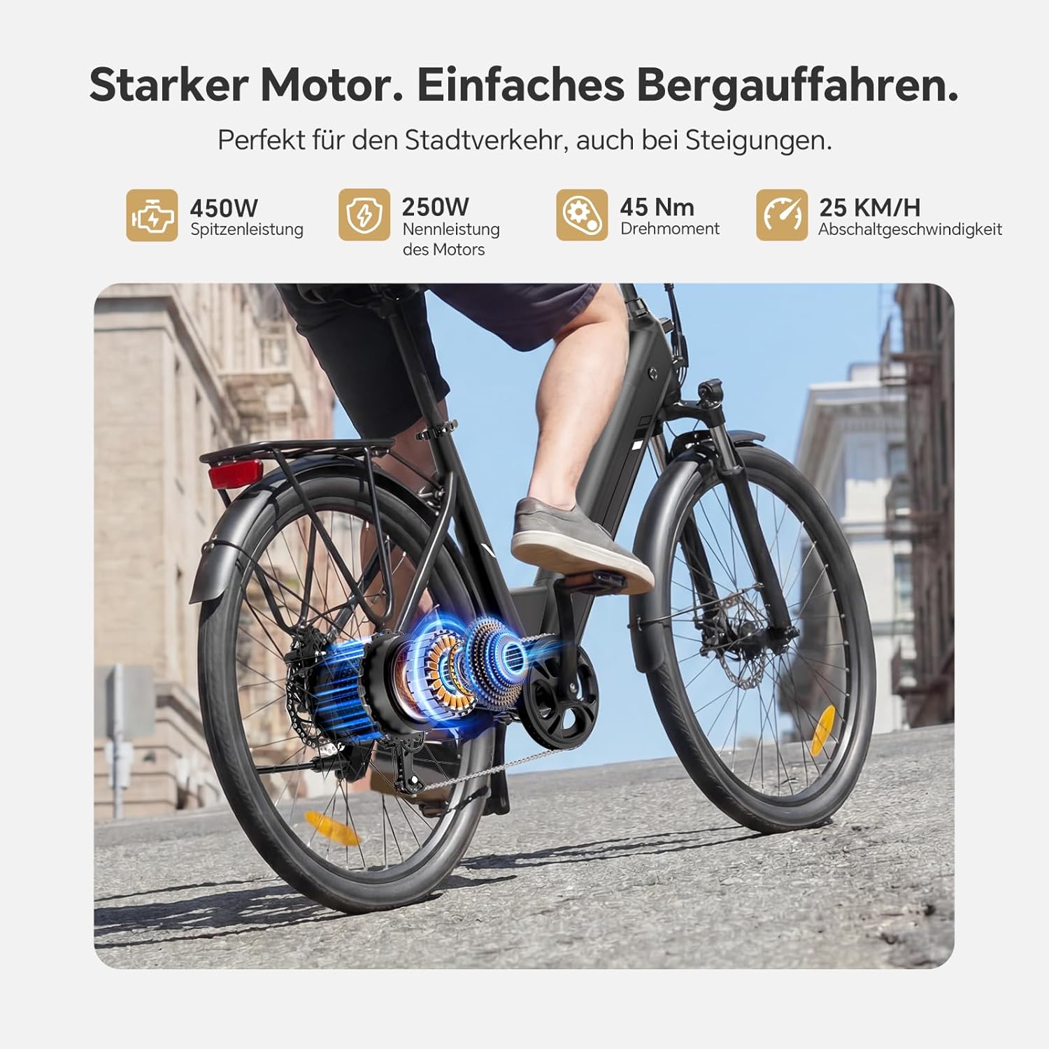 Touroll J2 ST Pro 26'' E-Bike Herren Damen, 250W City Elektrofahrrad mit Hydraulischen Scheibenbremsen, 561.6Wh Herausnehmbarer Akku bis 100km, 26 Zoll Low-Step Ebike mit Federgabel & 7 Gänge – Bild 3