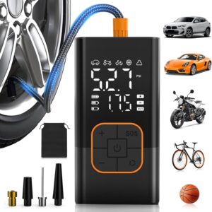 Electric Air Pump, Wireless Electric Tyre Pump & Bicycle Pump with Digital Pressure Gauge (150 PSI), Dual Value Display, LED Light, Portable Bicycle Pump for Car/Bicycle/Motorcycle/Ball