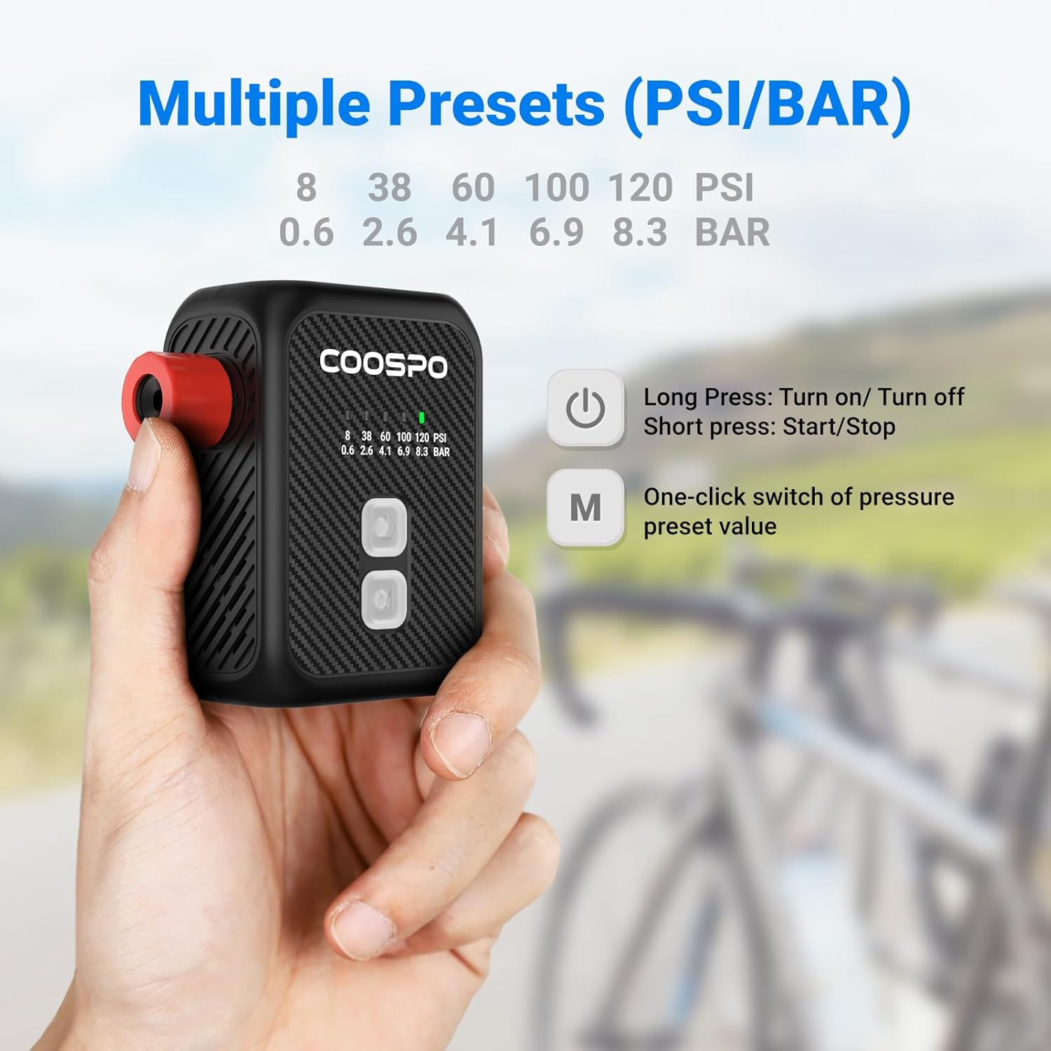 CooSpo Mini Electric Pump, 120 PSI, Multiple Presets Available, Air Pump with Auto Shut-off and Presta/Schrader Valves for All Bikes, Balls and Car Accessories – Bild 2