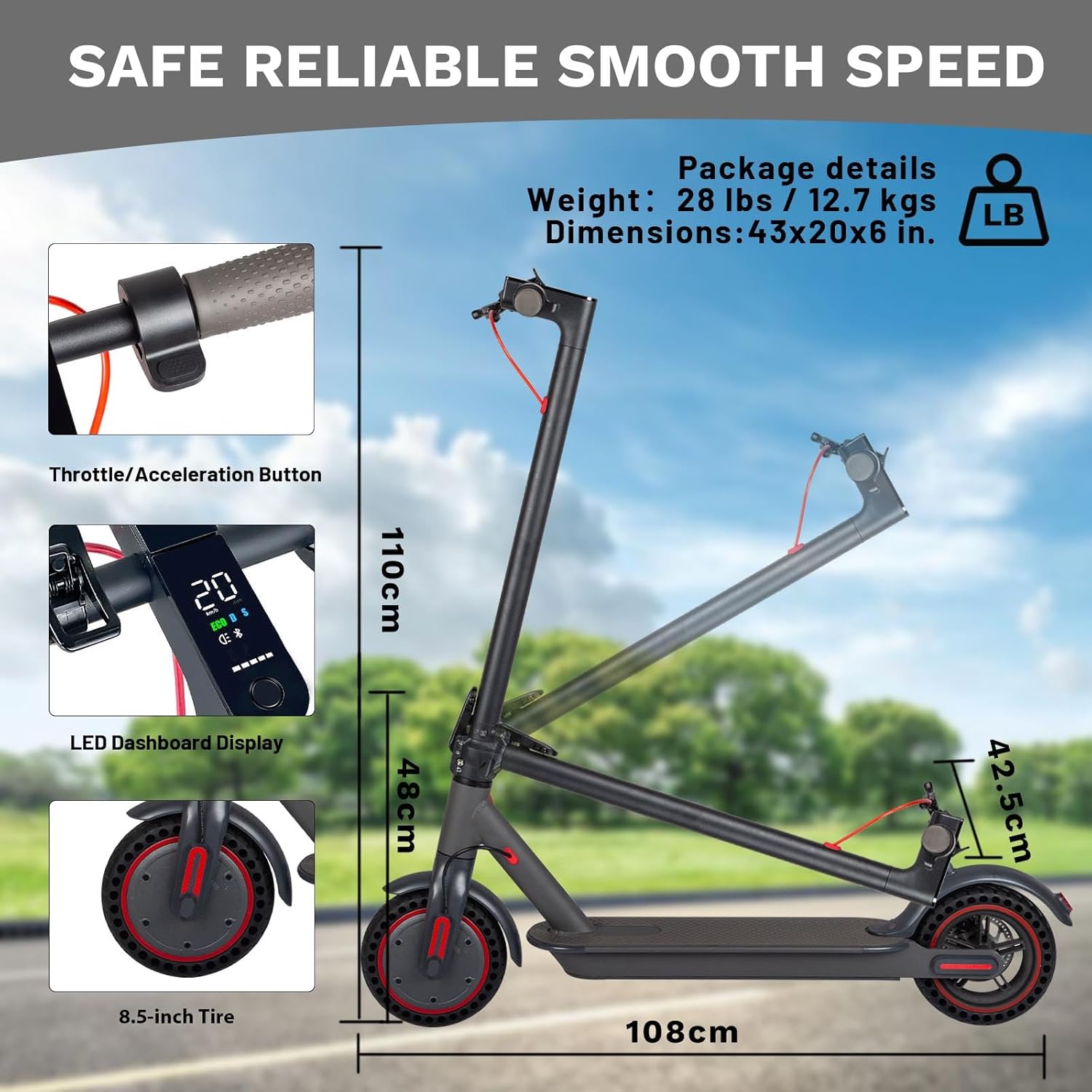 E Scooter 8.5 Zoll Escooter mit Straßenzulassung Faltbarer Elektroroller mit 25-30 km Reichweite, Doppelbremssystem, LED-Display Elektro Scooter für Pendeln,Elektroroller mit App-Funktion,120kg Load – Bild 8