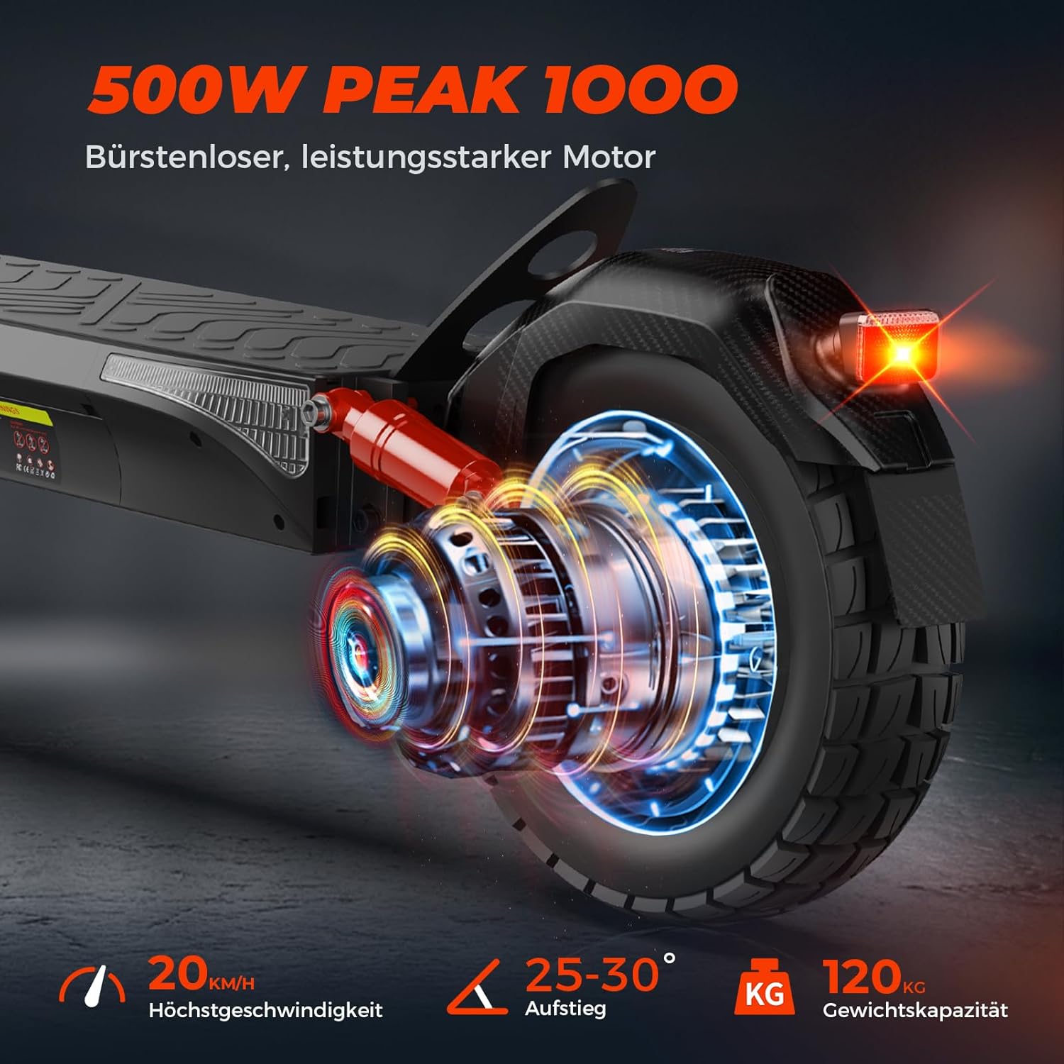 E Scooter with 10 Inch Offroad Pneumatic Tyres, 4 Comfortable Shock Absorption Systems, Electric Scooter with Road Legal Battery 12.5 Ah Max 70 km Eco Range, Max Load Capacity 150 kg, App Lock Vehicle – Bild 4