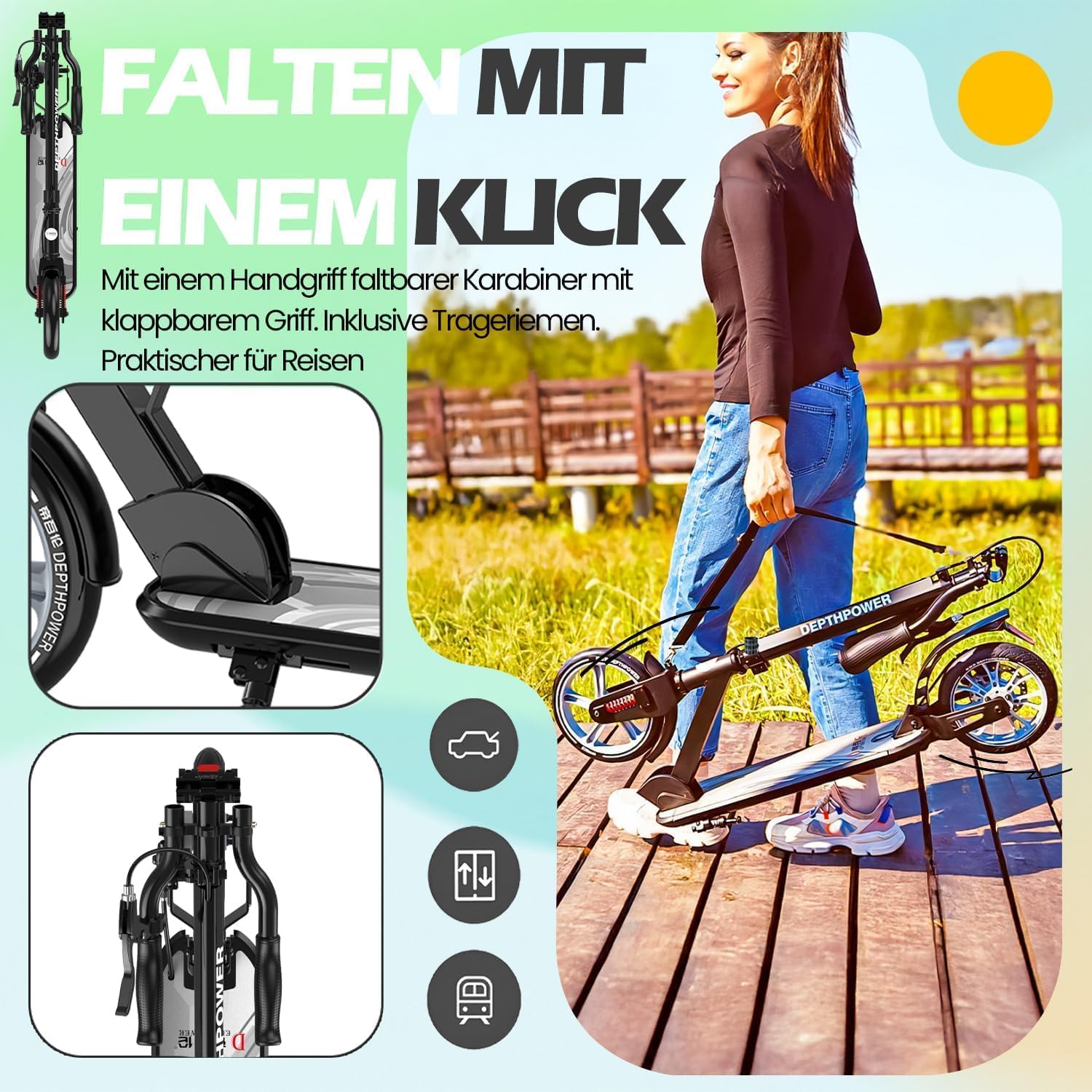 Adult Scooter up to 150 kg - Folding Scooter with 230 mm Wheels & ABEC-9, Height-Adjustable City Scooter Large Wheels with Disc Brake & Shock Absorber, Scooter from 8 Years, Teenagers – Bild 3