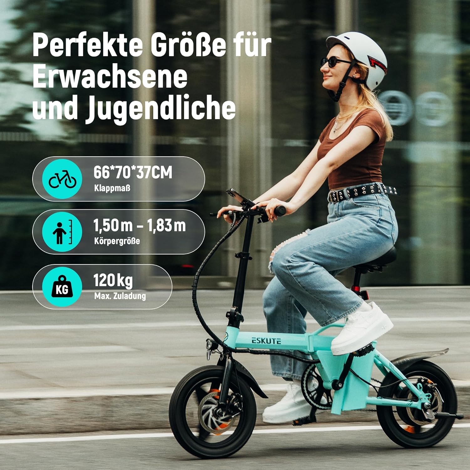 ESKUTE F100 E-Bike Klapprad, 14 Zoll Elektrofahrrad mit USB-Ladeanschluss für Handy, 250W EU-konformes Elektrofahrräder, Integrierter 36V 9Ah Akku, Reichweite bis 25-50KM – Bild 7