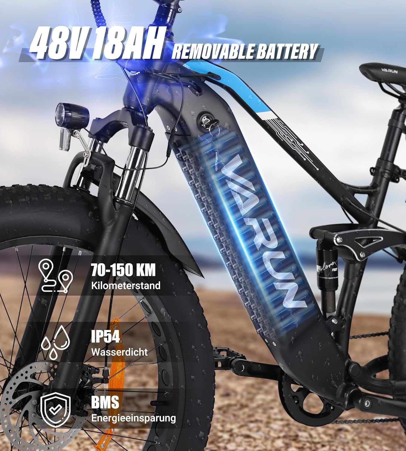 VARUN E Bike, Men's E-Bike with 26 x 4.0 Inch Fat Tire, 48 V 18 Ah Battery, Up to 150 Km, 85 Nm 250 W Motor, Off-Road Ebike Mountain Bike with Full Suspension, 7-Speed, All-Terrain Electric Bicycle – Bild 3