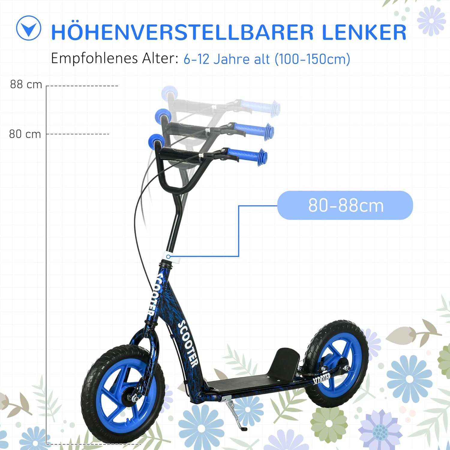 AIYAPLAY Children's Scooter with Adjustable Handlebar, Large Wheels, Handbrake, Kick Scooter, 11.8 Inch City Scooter for 6-12 Years, Boys and Girls, Steel – Bild 3
