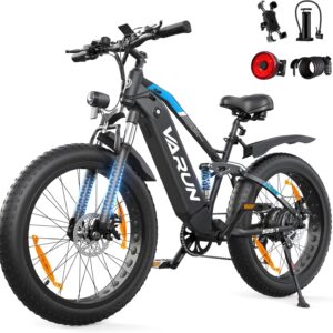 VARUN E Bike, 26 x 4.0 Zoll Ebike Herren mit 85Nm 250W Motor, 48V 18AH Akku, bis 150km Reichweite, Vollfederung, 5 PAS LCD-Display, 25km/h, 7 Gang, Offroad E-Bike für alle Geländearten