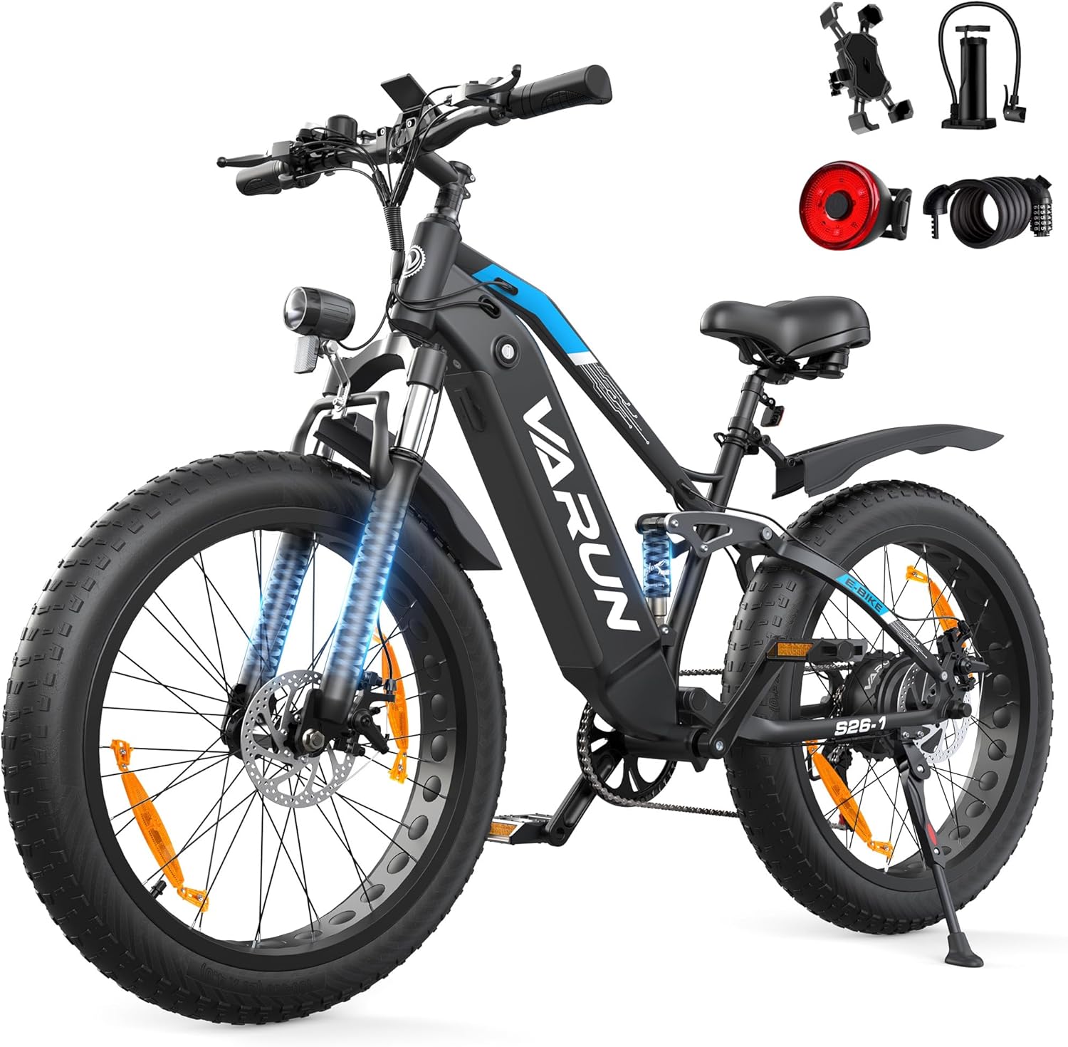 VARUN E Bike, 26 x 4.0 Zoll Ebike Herren mit 85Nm 250W Motor, 48V 18AH Akku, bis 150km Reichweite, Vollfederung, 5 PAS LCD-Display, 25km/h, 7 Gang, Offroad E-Bike für alle Geländearten