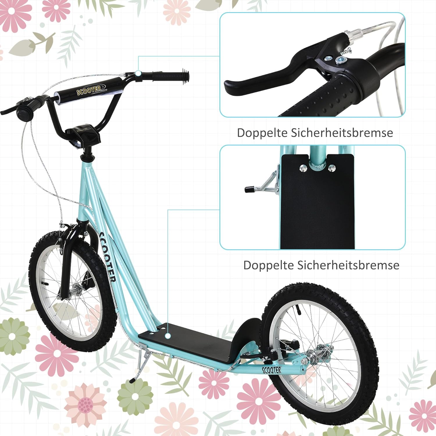 HOMCOM Children's Scooter, City Scooter, Kickboard, Pneumatic Tyres, 16 Inches, Blue/Green/White/Black, 139 x 58 x 90-96 cm – Bild 4