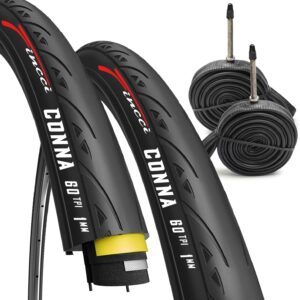 Fincci Road Bike Tyres 700 x 25c – Set of 2 Slick Folding Tyres 28 Inch with 1 mm Nylon Puncture Protection & 2 x 25-622 Presta Tubes, Bicycle Sheath 28 Inch 60 TPI for Road Bike, Carrera, Ebike, Road & Touring Bike