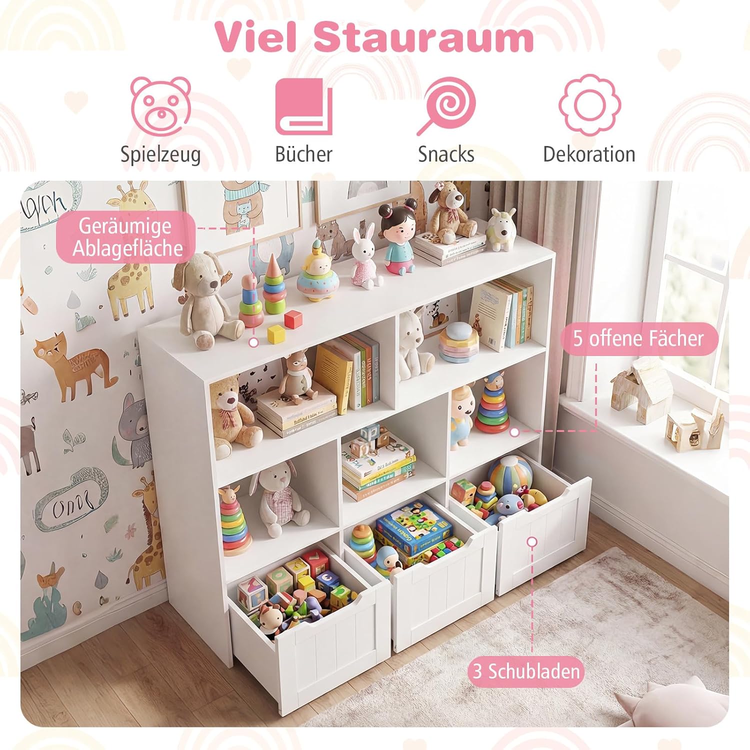 COSTWAY Children's Shelf with Boxes on Wheels, Children's Bookcase with 5 Compartments & 3 Drawers, Toy Cabinet Wooden Children's Cupboard, Toy Organiser for Children's Room, 100 x 33 x 90 cm (White) – Bild 4