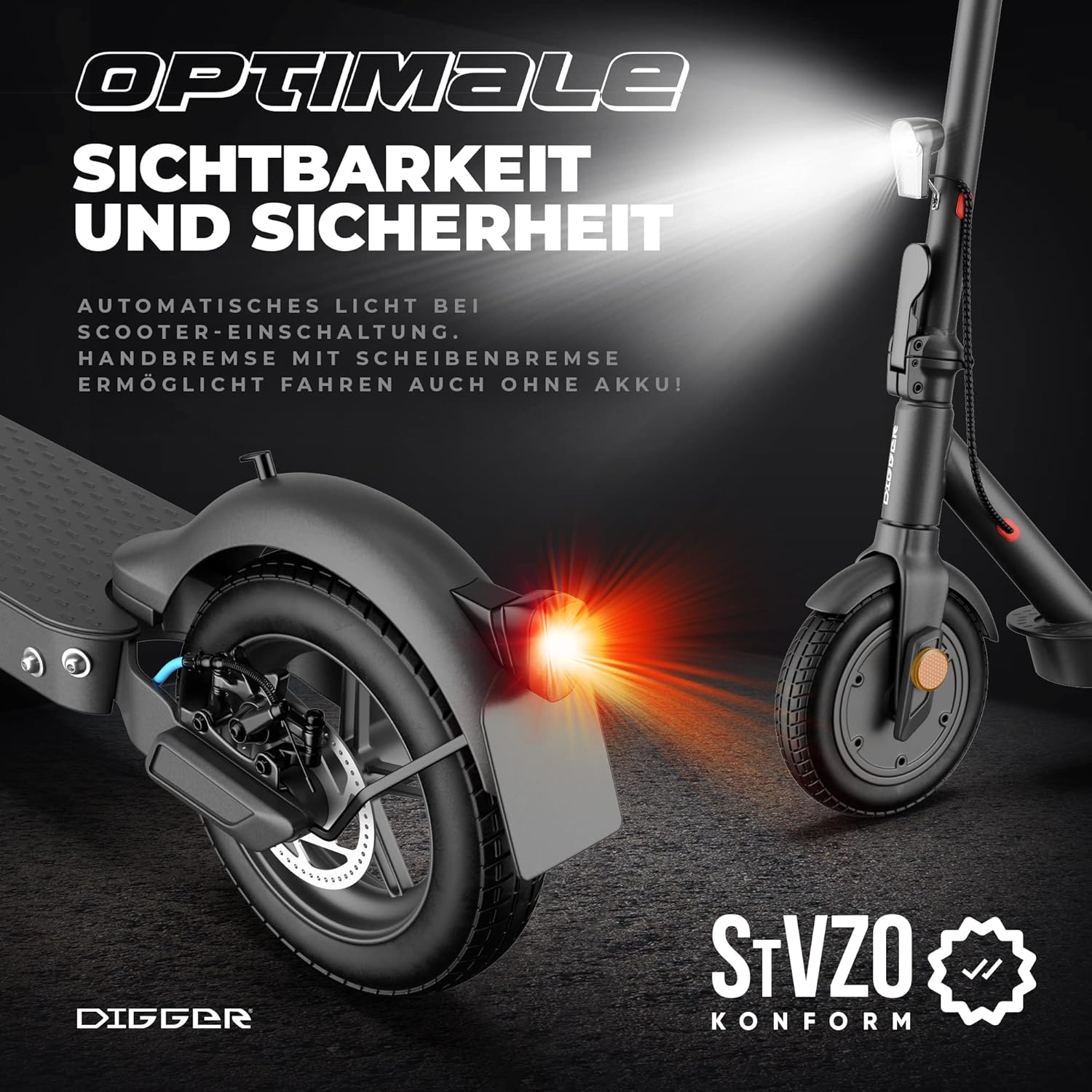 DIGGER ES3 E-Scooter with Road Legal, 350 Watt Motor Power, Pneumatic Tyres, Road Legal, Shock Absorber, Foldable, Disc Brake, for Adults – Bild 5