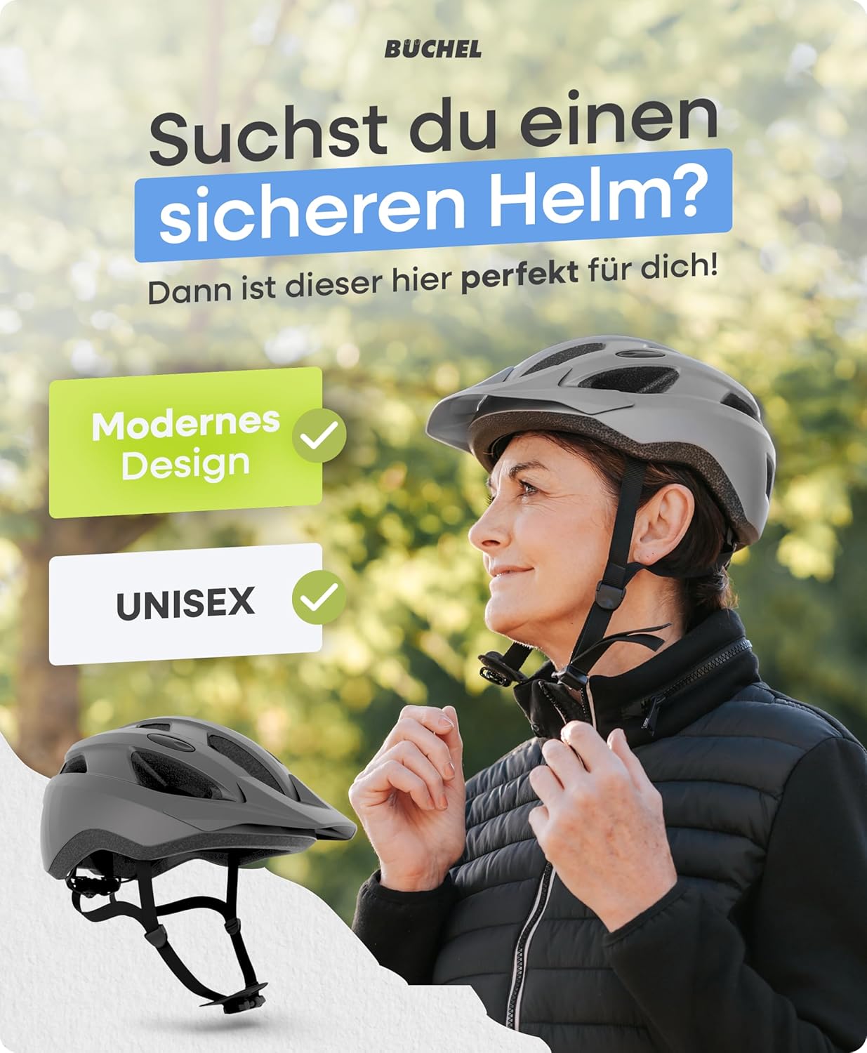 BÜCHEL Bicycle Helmet with In-Mould Technology & Cam Lock - Helmet for Children, Women and Men, with Chin Padding and Washable Fly Net - Bicycle Helmet 52-57 cm & 58-61 cm | Black, White, Grey – Bild 2
