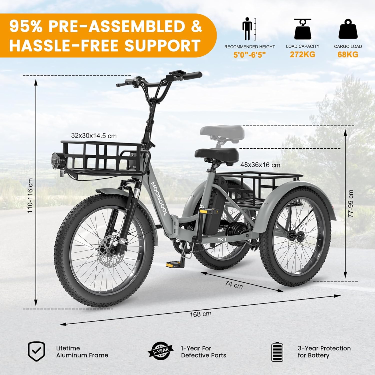 SUNYRISY E Bike Tricycle for Adults Folding Bike, 20 Inch Men Women with 36 V 20 Ah Battery Electric Tricycle Bicycle, 250 W Motor Electric Bicycle 45 NM Speed 25 km/h E-Bike with Large Basket – Bild 6