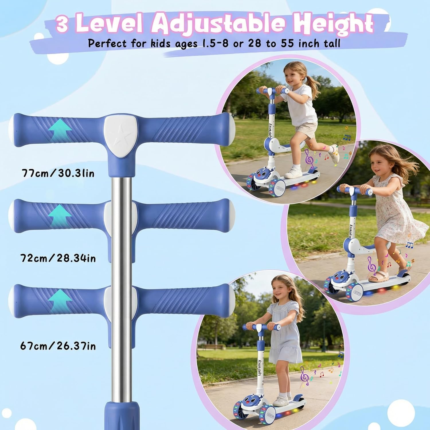 3 Wheel Scooter for Children Aged 2-8 Years, 2 in 1 Kids Scooter with Removable Seat, Folding Scooter with Music and Luminous Wheels, Height Adjustable, Steerable by Weight Shift – Bild 3