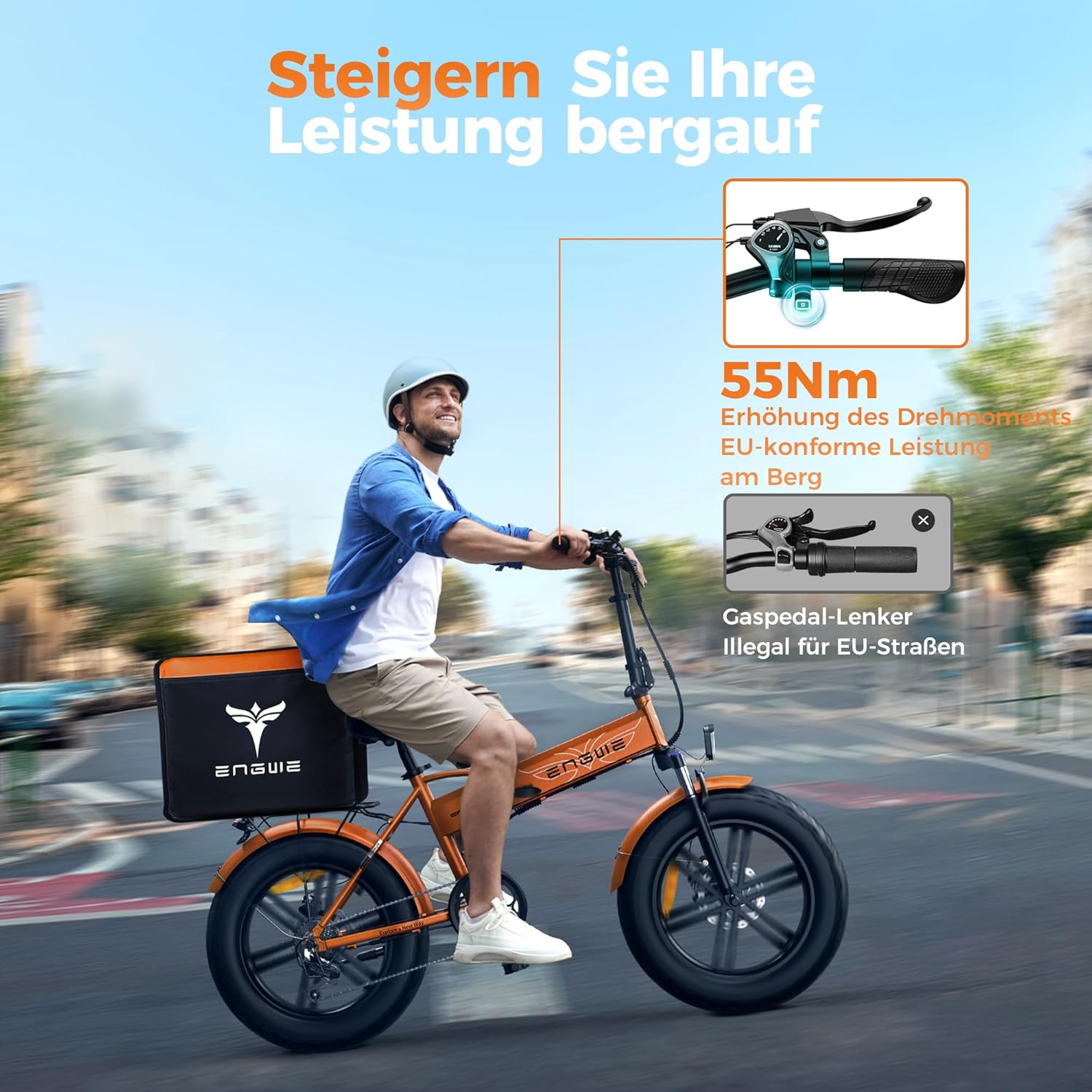 ENGWE EP-2 Boost Folding Electric Bicycle with Torque Sensor, 48 V 13 Ah Removable Battery Range 120 km and 250 W Brushless Motor, LED Display, 20 x 4.0 Inch Fat Tyres and 7 Gears – Bild 7