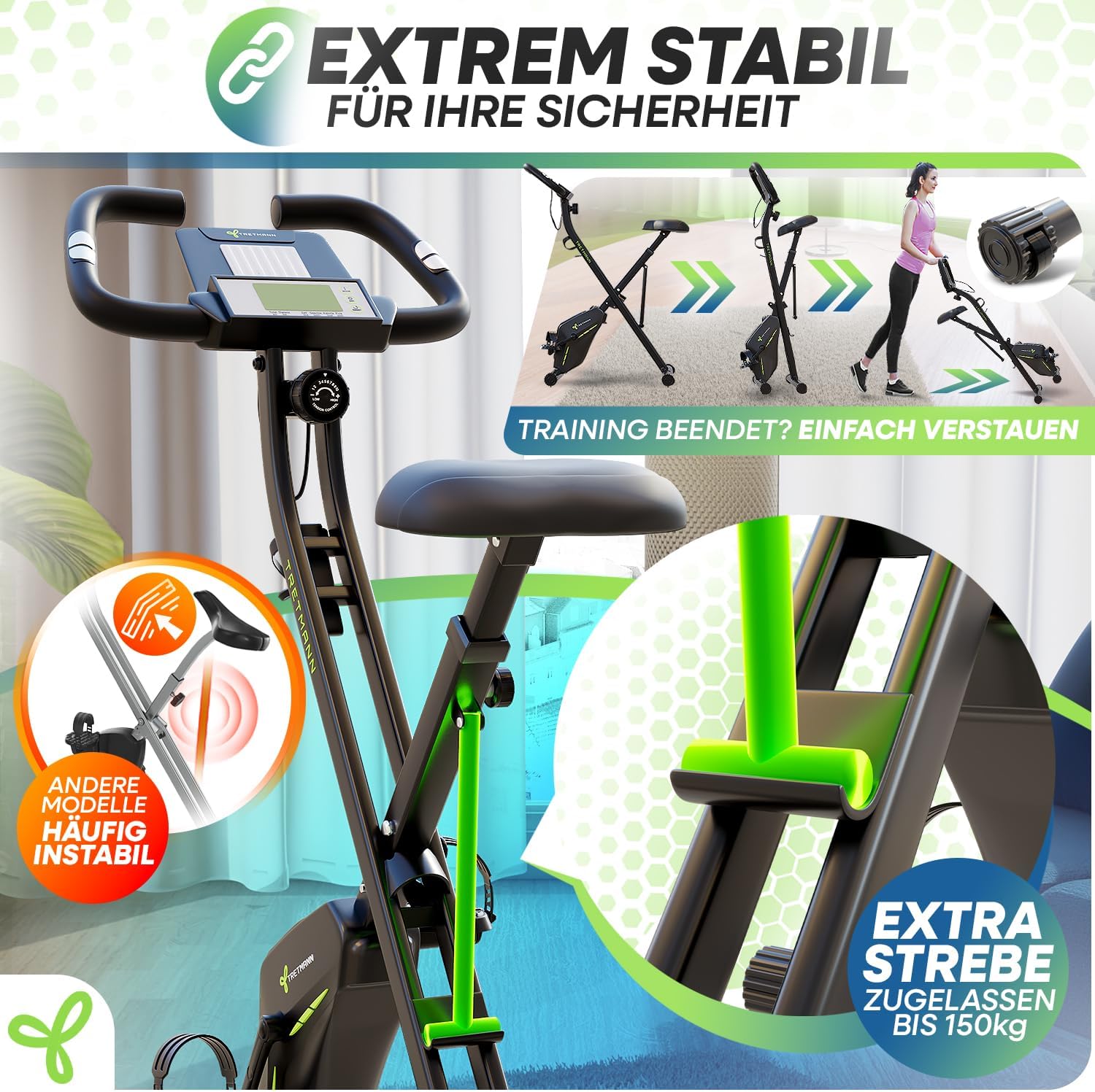 Tretmann Home Trainer Bicycle Folding Set Extra Comfortable & Quiet RelaxFoam up to 150 kg Load Capacity Ergometer, Exercise Bike, Ergometer Exercise Bike Seniors, Fitness Bikes – Bild 5