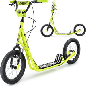 HyperMotion Runkie City Scooter 16 Inch Pneumatic Tyres, Height-Adjustable Handlebar, Double Brake System, Large Scooter for Children from 8 Years, Teenagers and Adults, Yellow