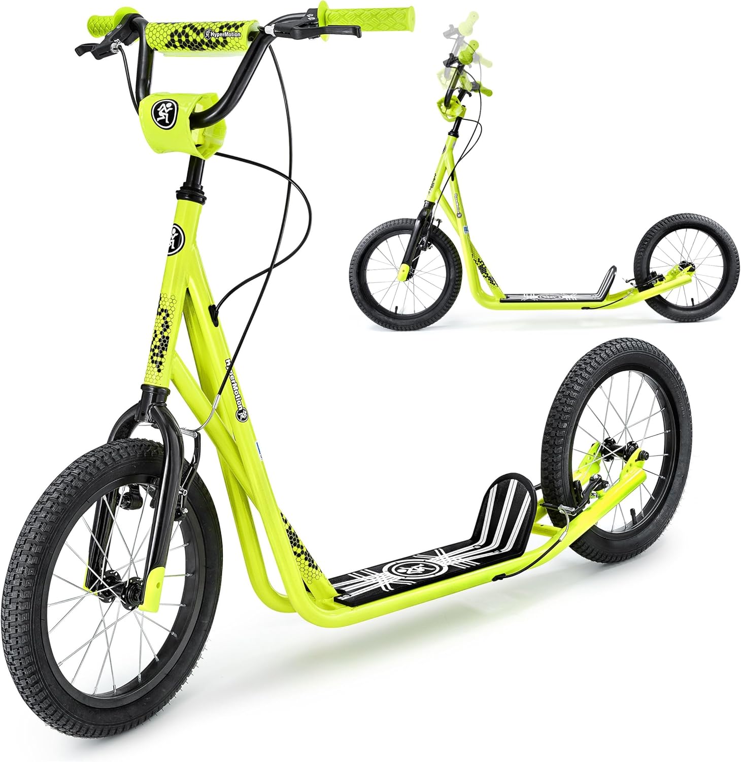HyperMotion Runkie City Scooter 16 Inch Pneumatic Tyres, Height-Adjustable Handlebar, Double Brake System, Large Scooter for Children from 8 Years, Teenagers and Adults, Yellow