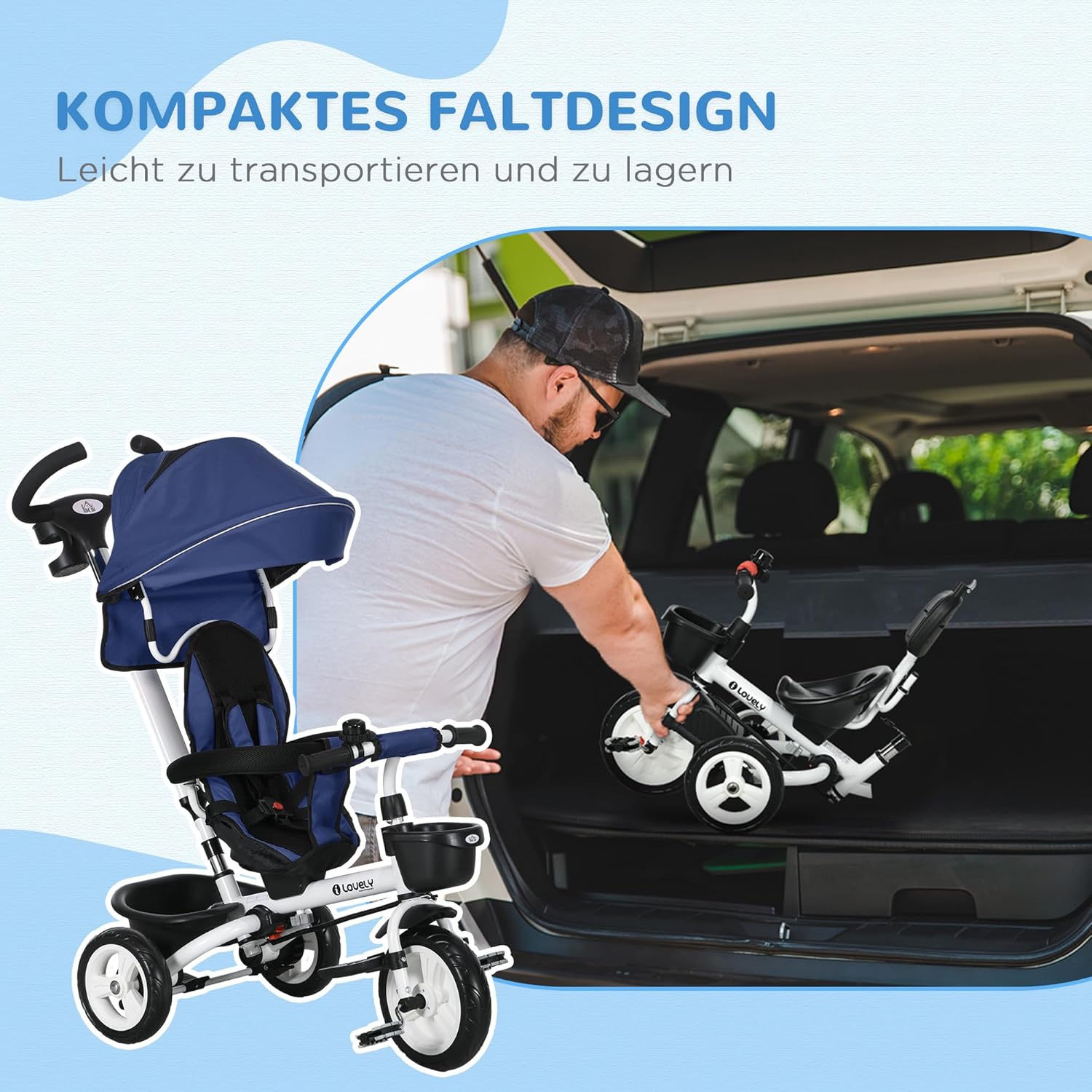 HOMCOM 6-in-1 Tricycle with Push Bar, Foldable, Children's Tricycle with Seat Belt, Removable Sun Canopy, Basket, Drink Holder, Pedal, for 1-5 Years Children, up to 25 kg, Blue – Bild 4