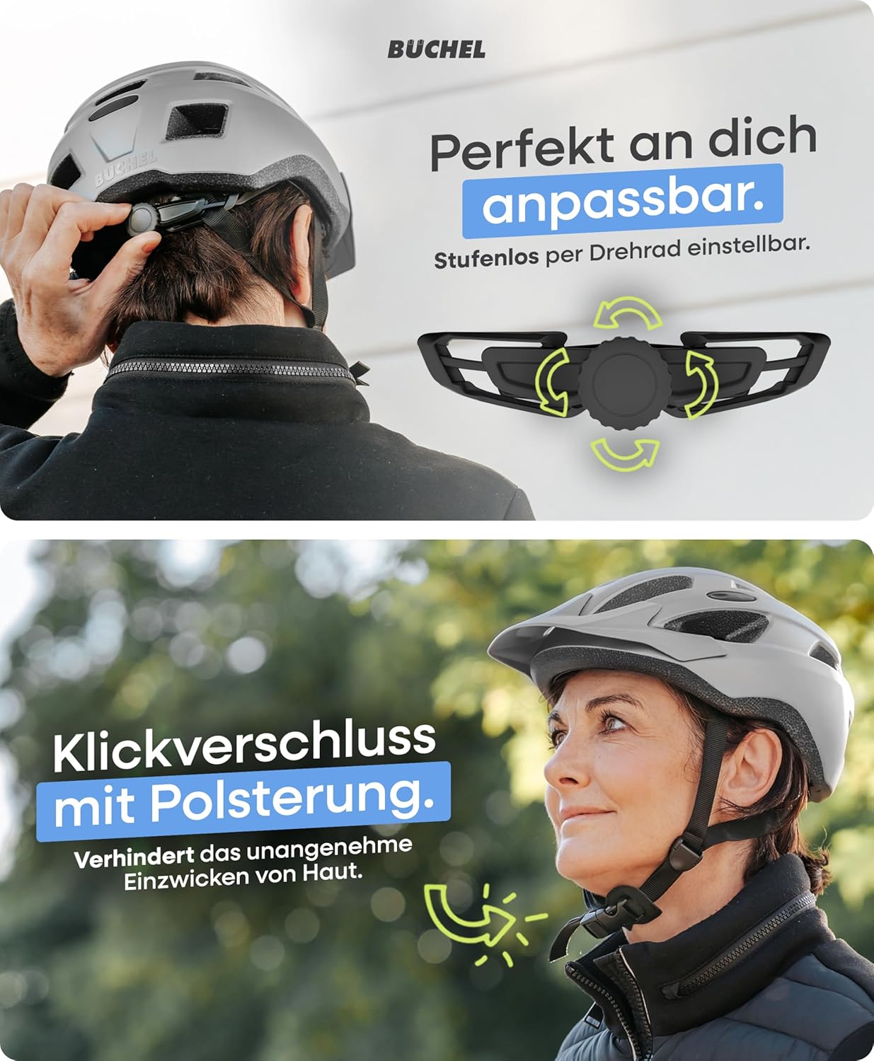 BÜCHEL Bicycle Helmet with In-Mould Technology & Cam Lock - Helmet for Children, Women and Men, with Chin Padding and Washable Fly Net - Bicycle Helmet 52-57 cm & 58-61 cm | Black, White, Grey – Bild 4